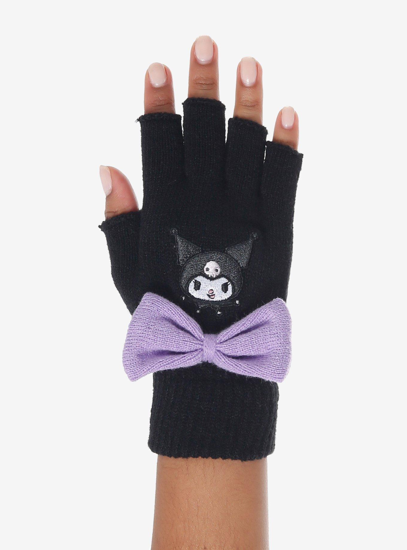 Kuromi Plush Bow Fingerless Gloves, , hi-res