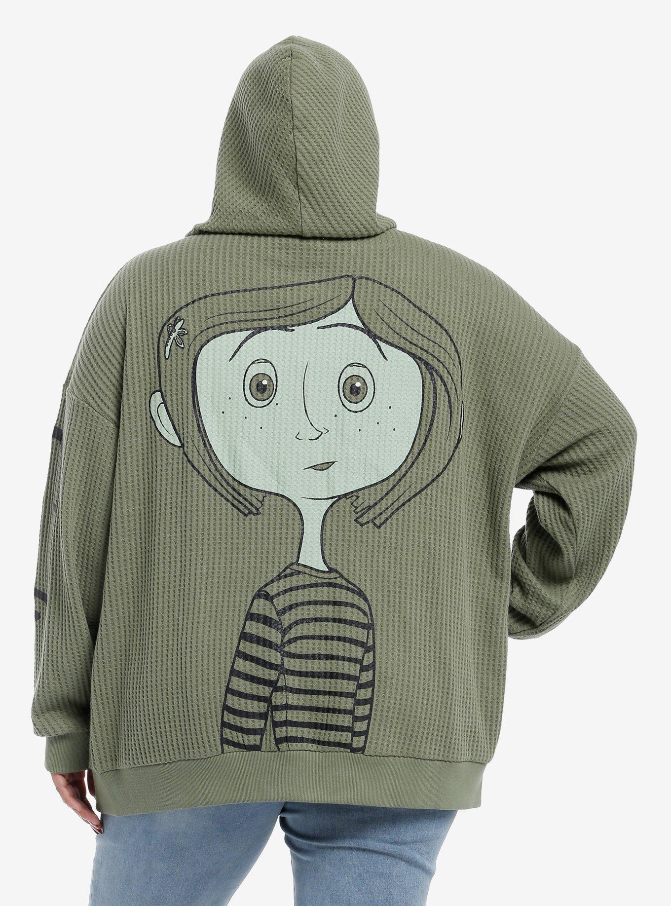 Coraline Buttons Girls Oversized Waffle Knit Hoodie Plus Size, BLACK, alternate