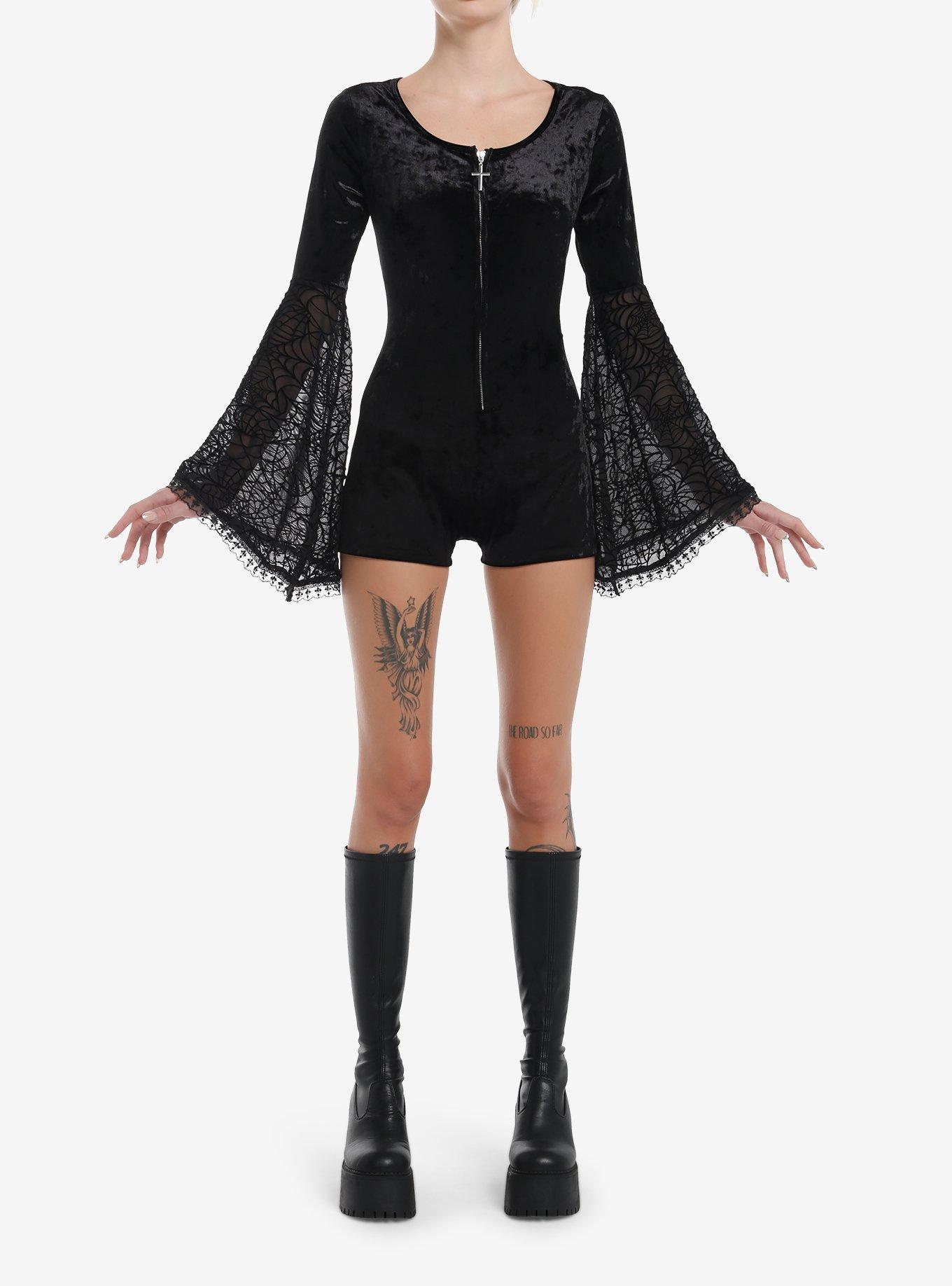 Cosmic Aura Black Velvet Spiderweb Bell Sleeve Lounge Romper, , hi-res
