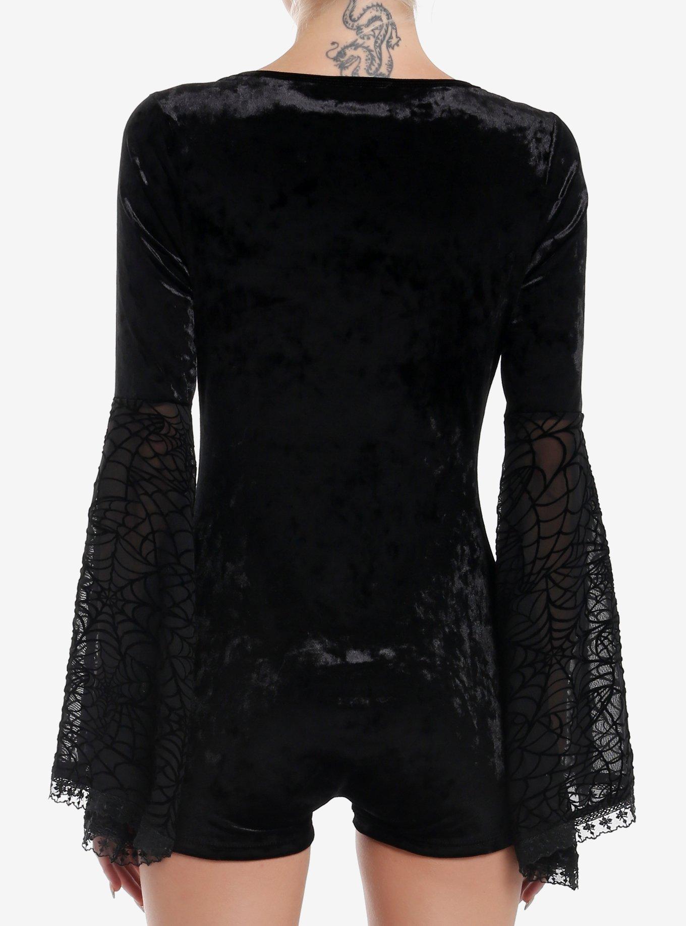 Cosmic Aura Black Velvet Spiderweb Bell Sleeve Lounge Romper