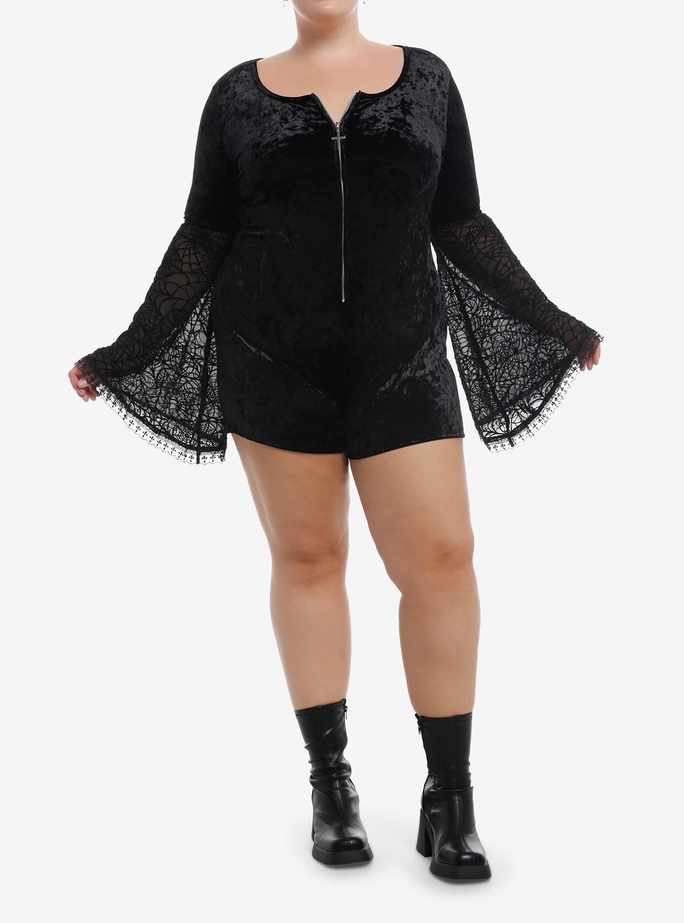 Cosmic Aura Black Velvet Spiderweb Bell Sleeve Lounge Romper Plus