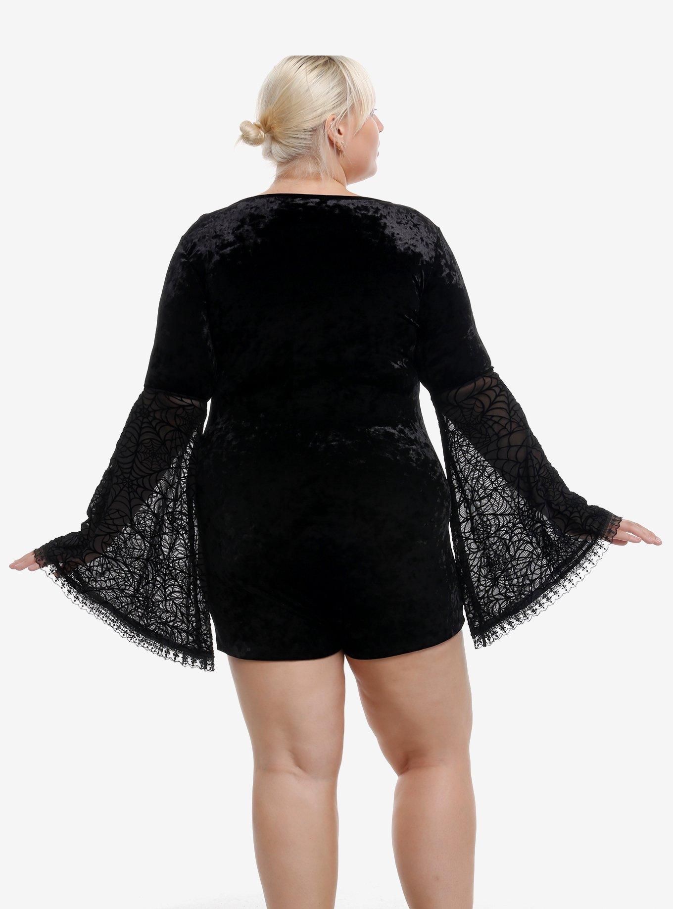 Cosmic Aura Black Velvet Spiderweb Bell Sleeve Lounge Romper Plus Size, BLACK, alternate