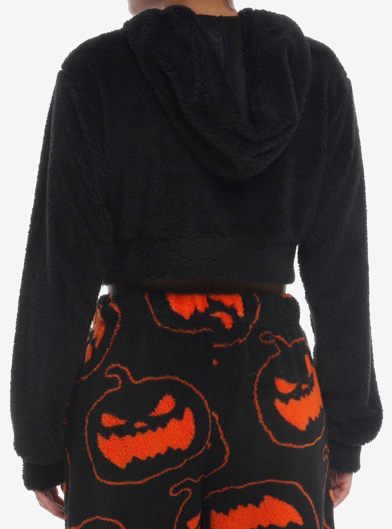 Black Pumpkin Girls Fuzzy Crop Hoodie, BLACK, alternate