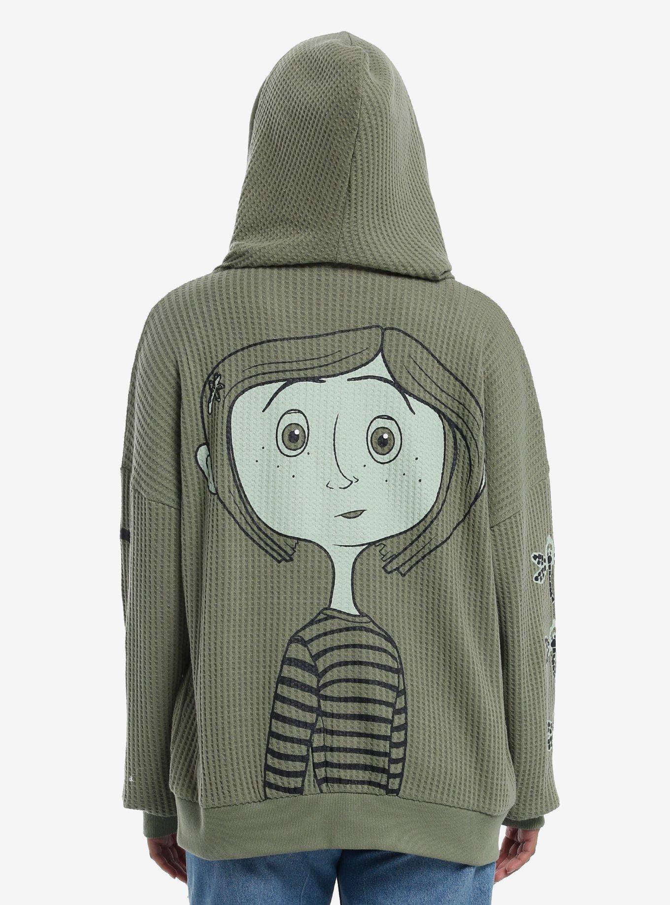 Coraline Buttons Girls Oversized Waffle Knit Hoodie, BLACK, alternate