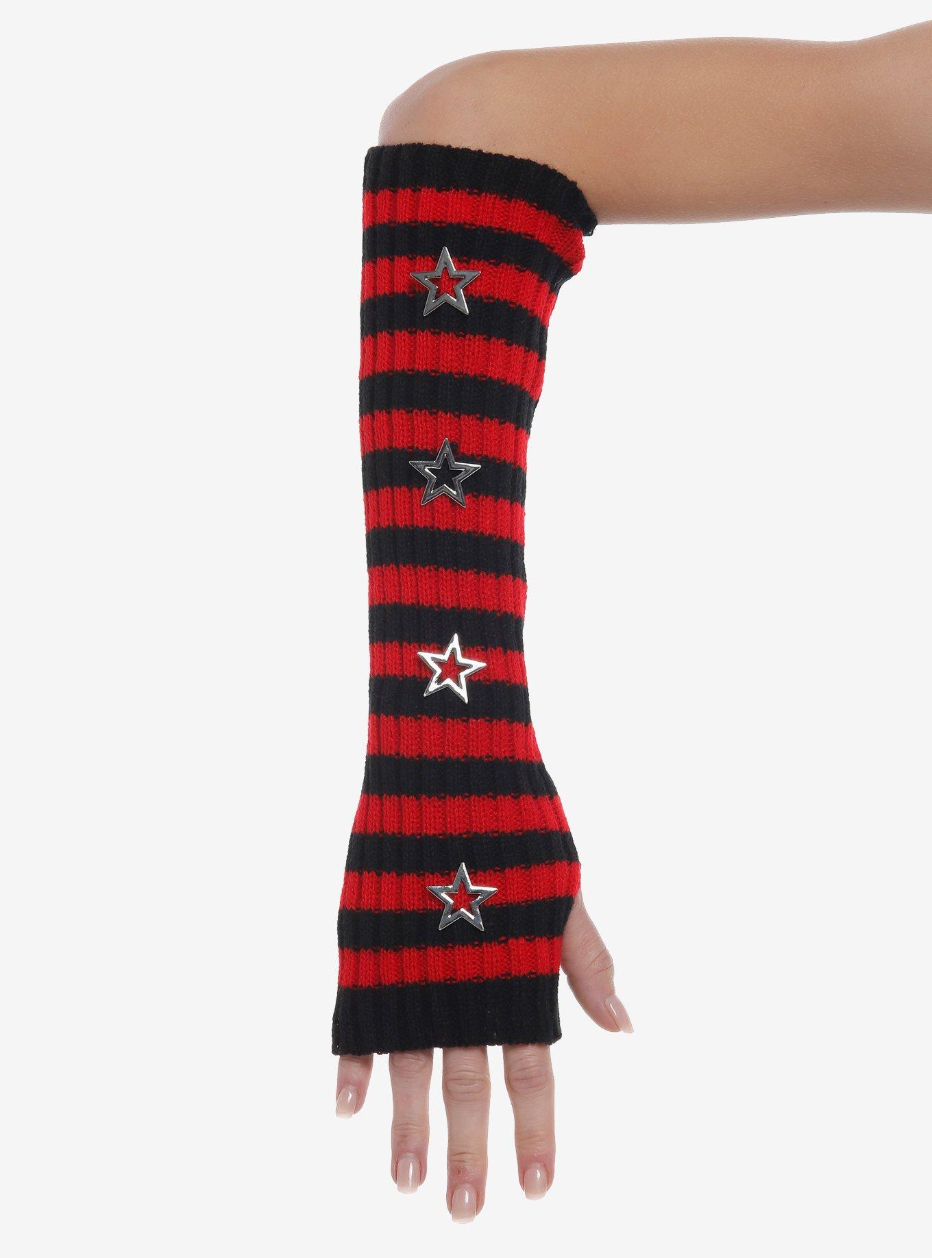 Black & Red Stripe Star Stud Arm Warmers, , hi-res