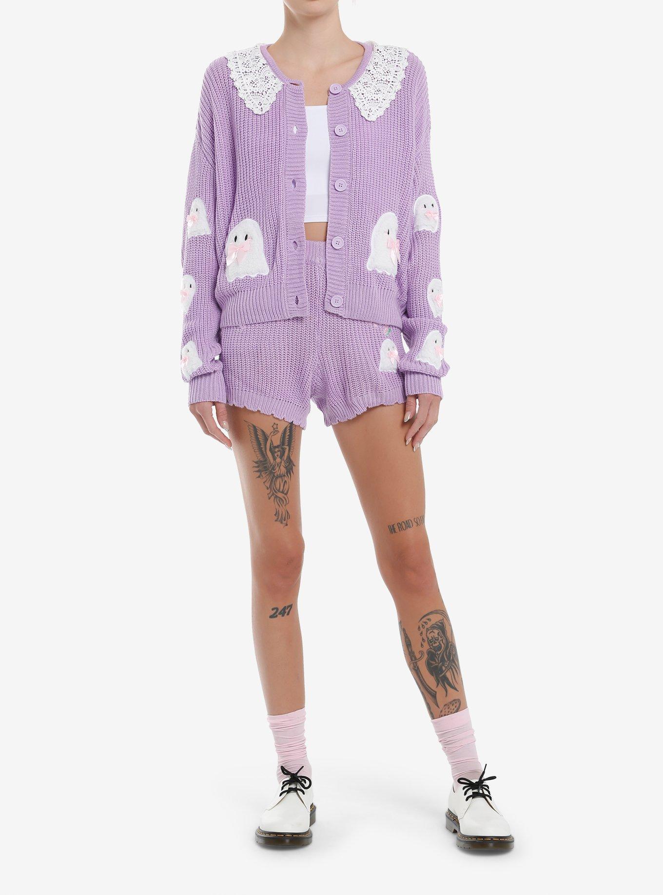 Sweet Society Pastel Purple Ghost Knit Lounge Shorts, LAVENDER, alternate