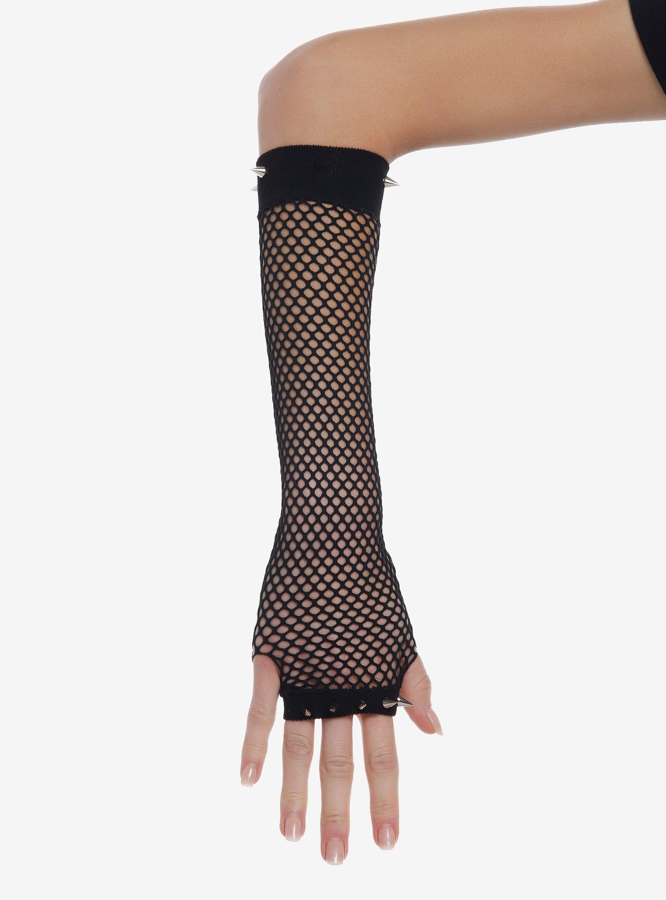 Black Fishnet Spike Stud Arm Warmers, , hi-res