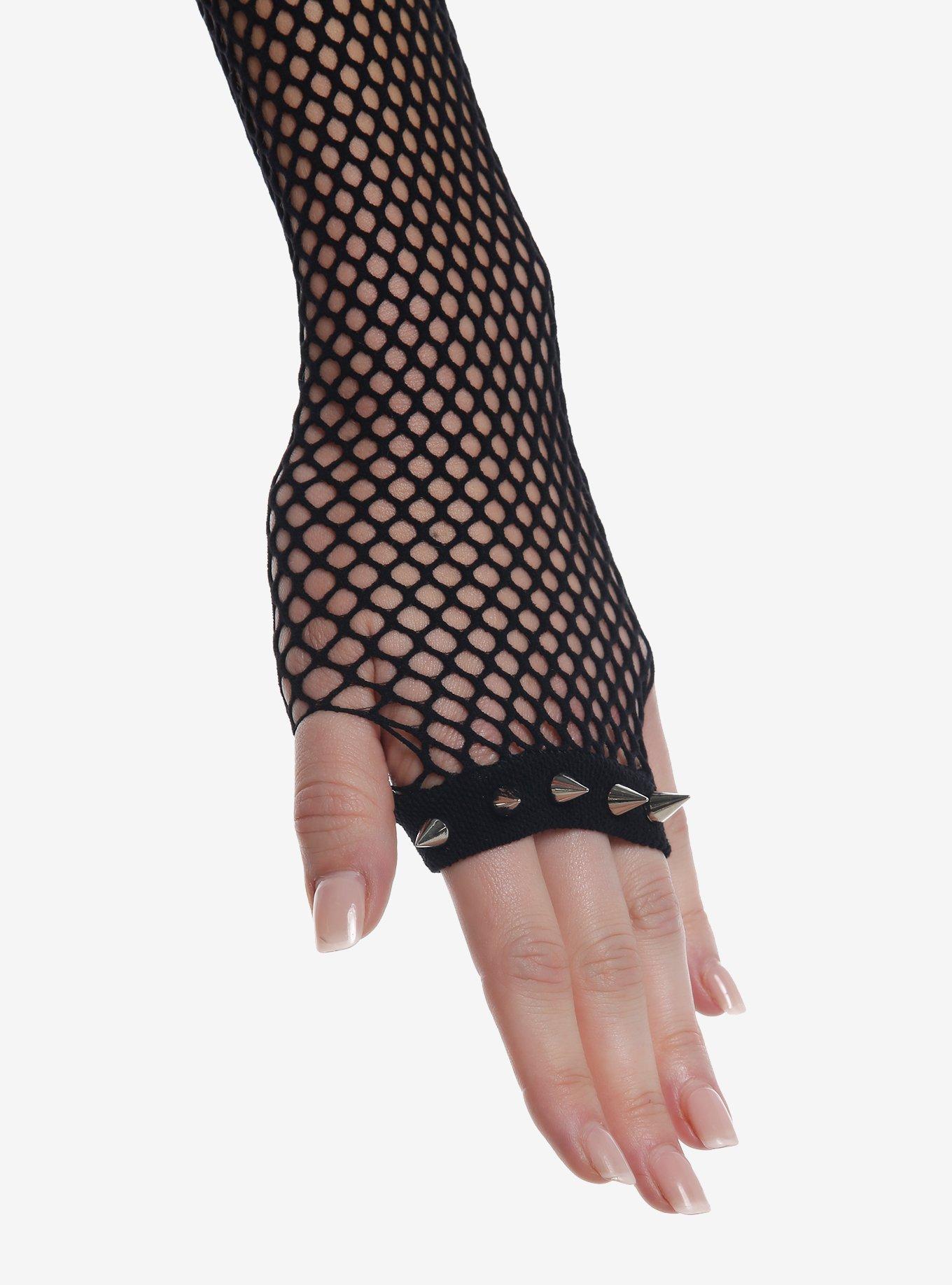Black Fishnet Spike Stud Arm Warmers, , alternate