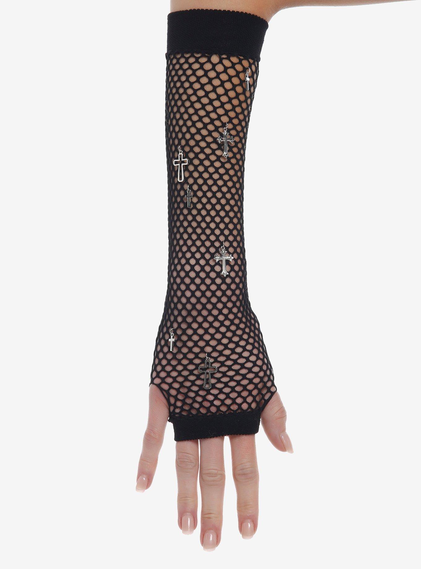 Black Fishnet Cross Charm Arm Warmers, , hi-res