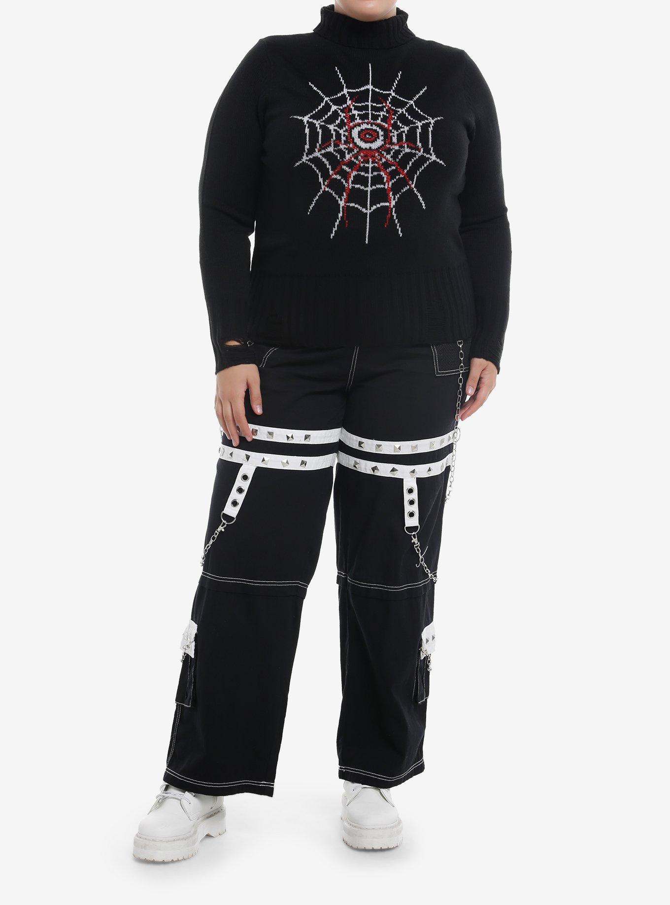 Social Collision Eyeball Spider Distressed Girls Turtleneck Sweater Plus Size, , alternate