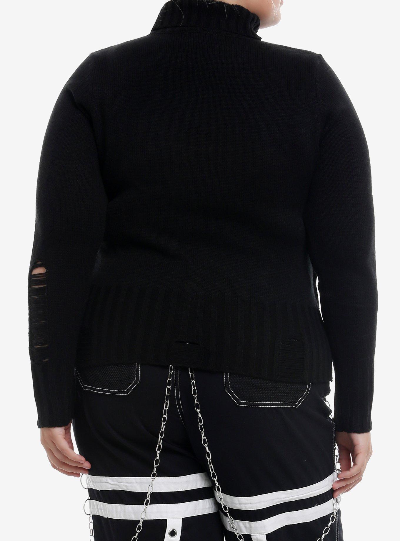 Social Collision Eyeball Spider Distressed Girls Turtleneck Sweater Plus Size, , alternate