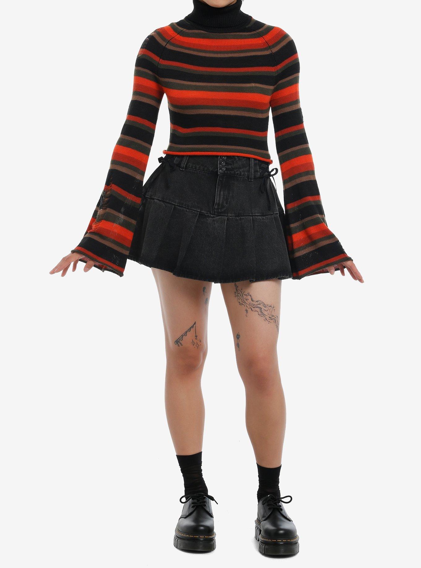 Sweet Society Orange & Brown Stripe Distressed Crop Girls Turtleneck Sweater, , hi-res