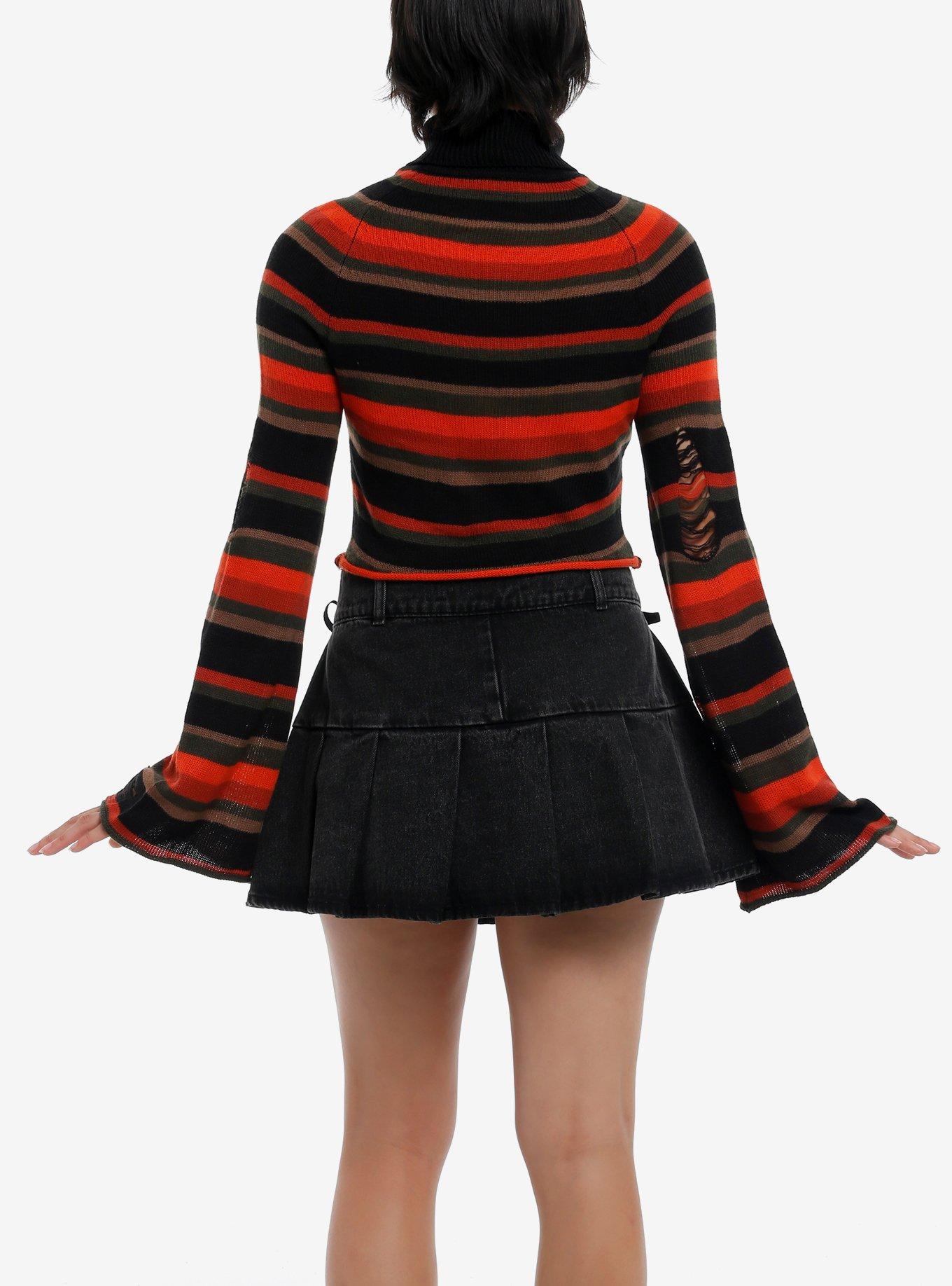Sweet Society Orange & Brown Stripe Distressed Crop Girls Turtleneck Sweater, BLACK, alternate
