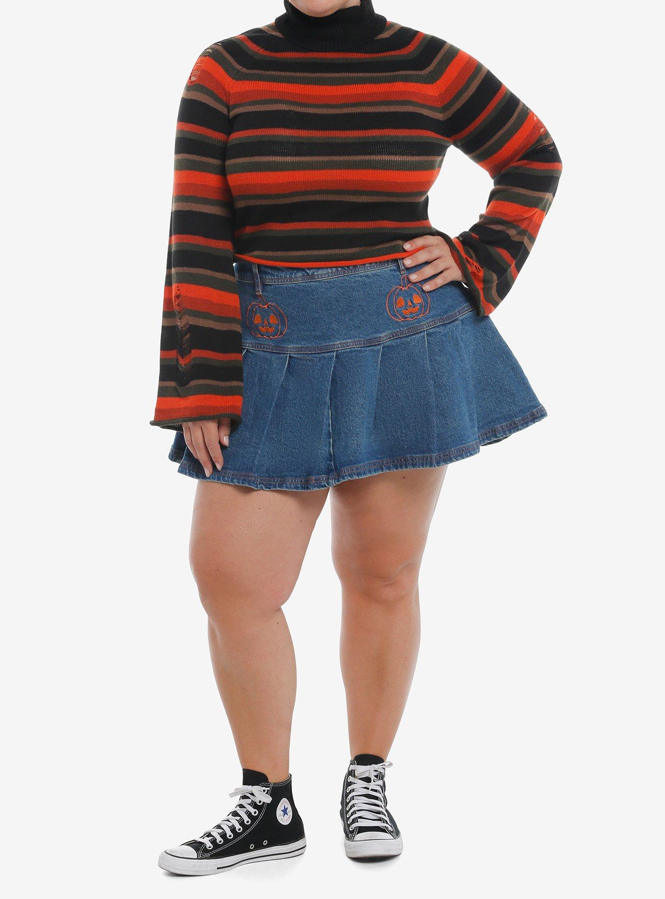 Sweet Society Orange & Brown Stripe Distressed Crop Girls Turtleneck Sweater Plus Size, , hi-res