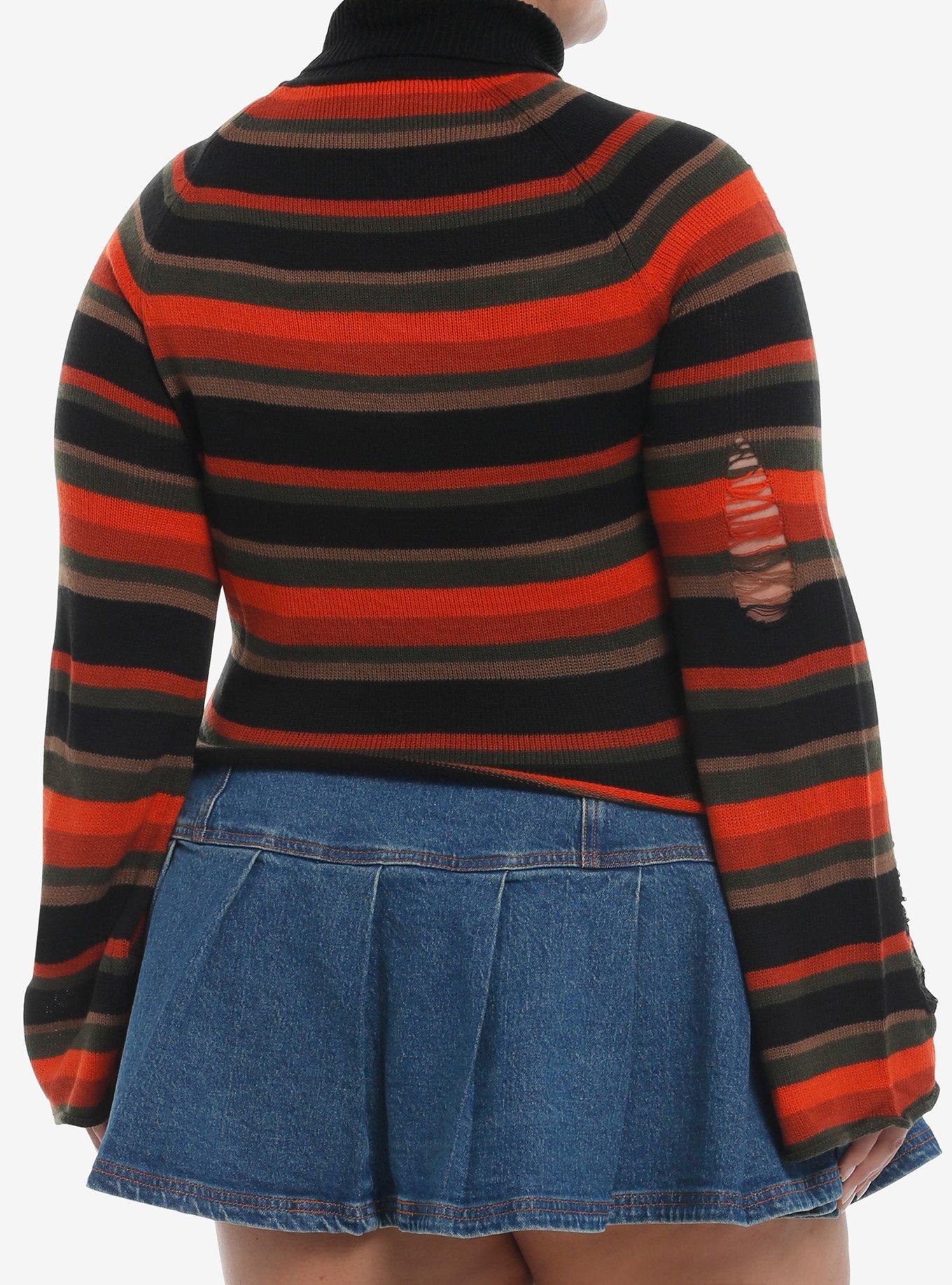 Sweet Society Orange & Brown Stripe Distressed Crop Girls Turtleneck Sweater Plus Size, BLACK, alternate