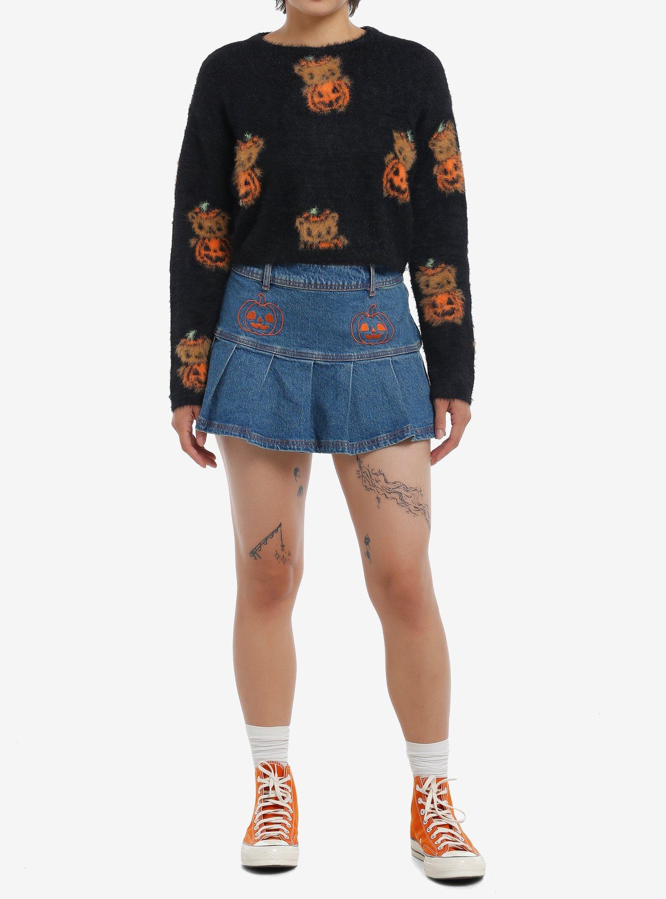 Sweet Society Teddy Pumpkin Girls Fuzzy Crop Sweater, BLACK, alternate