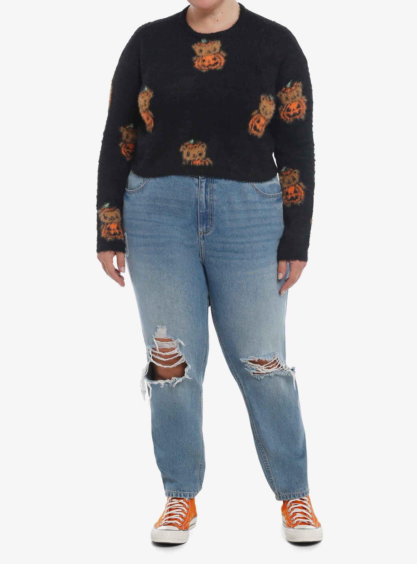 Sweet Society Teddy Pumpkin Girls Fuzzy Crop Sweater Plus Size, BLACK, alternate