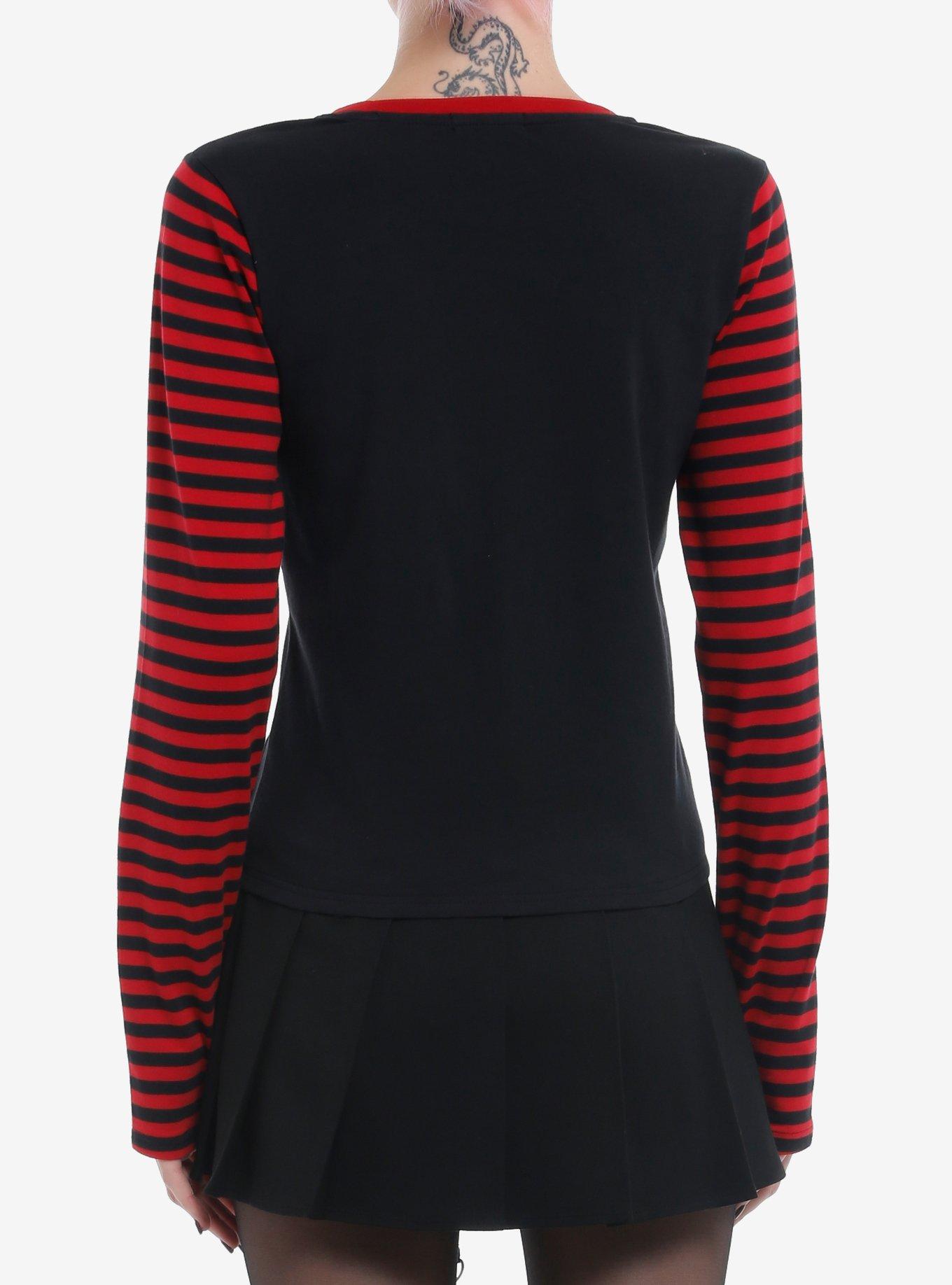 Social Collison Red & Black Stripe Ick Girls Long-Sleeve Top