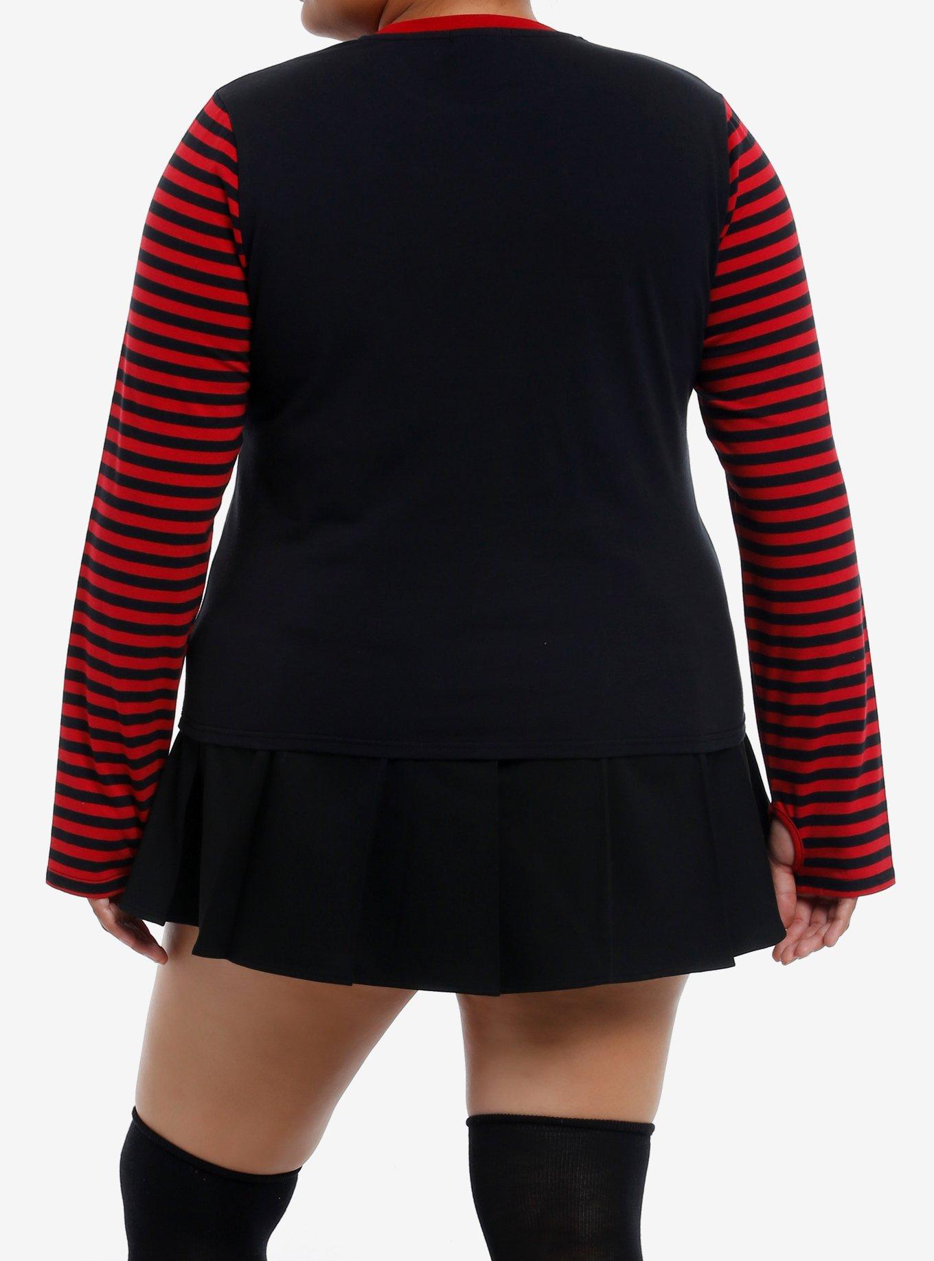 Social Collison Red & Black Stripe Ick Girls Long-Sleeve Top Plus Size, , hi-res