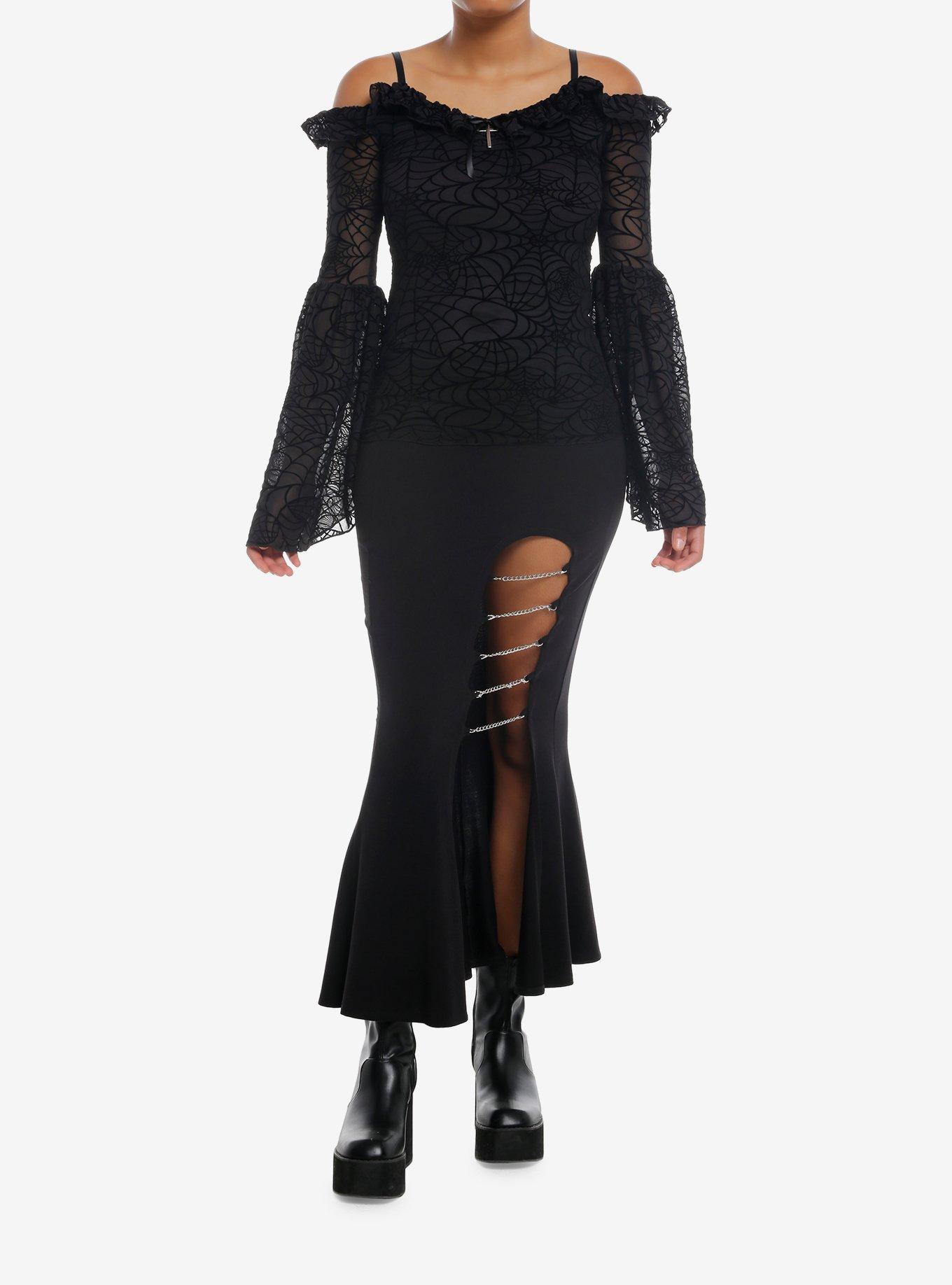 Cosmic Aura Spiderweb Cold Shoulder Girls Bell Sleeve Top, , hi-res