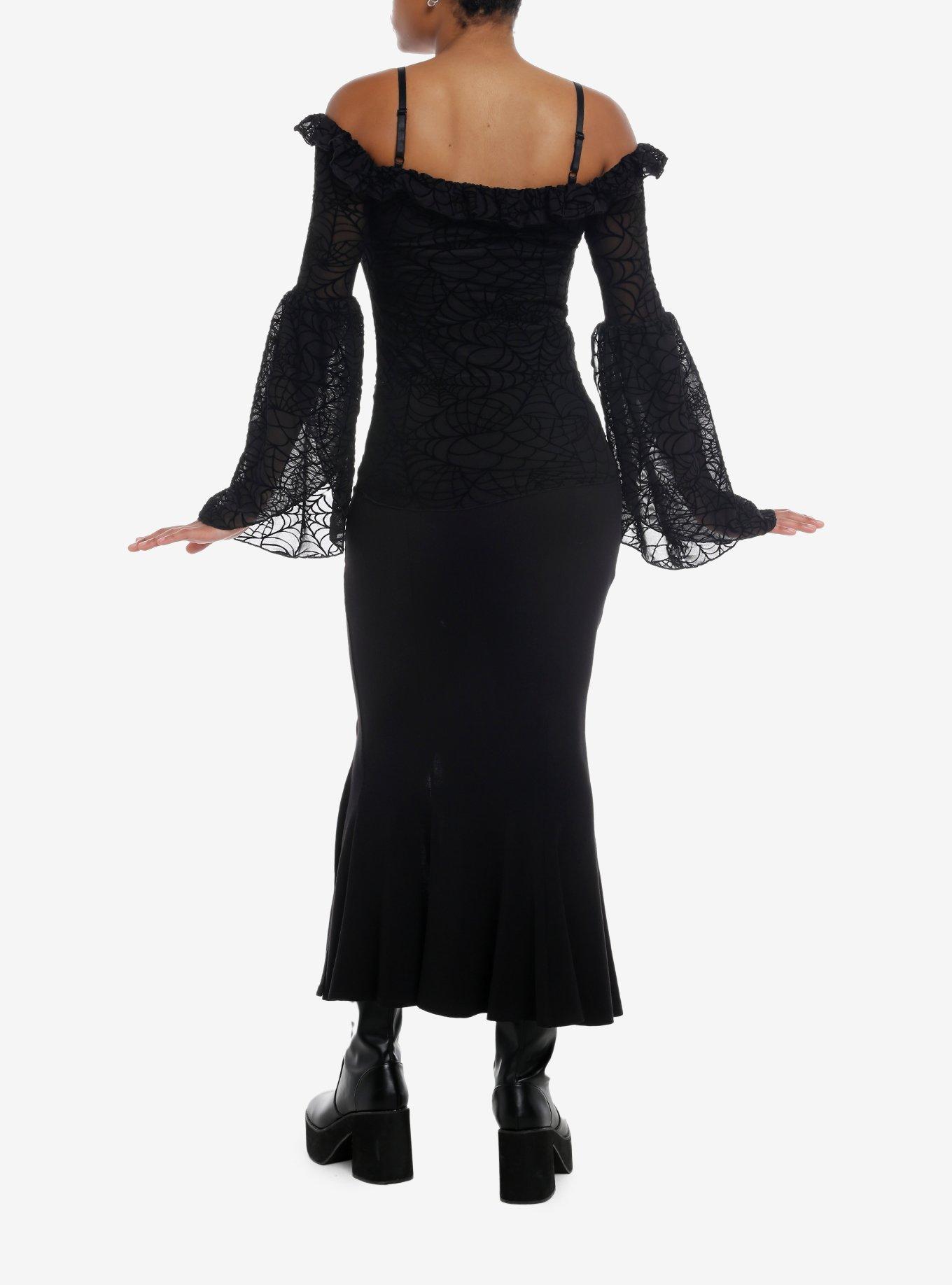 Cosmic Aura Spiderweb Cold Shoulder Girls Bell Sleeve Top, BLACK, alternate