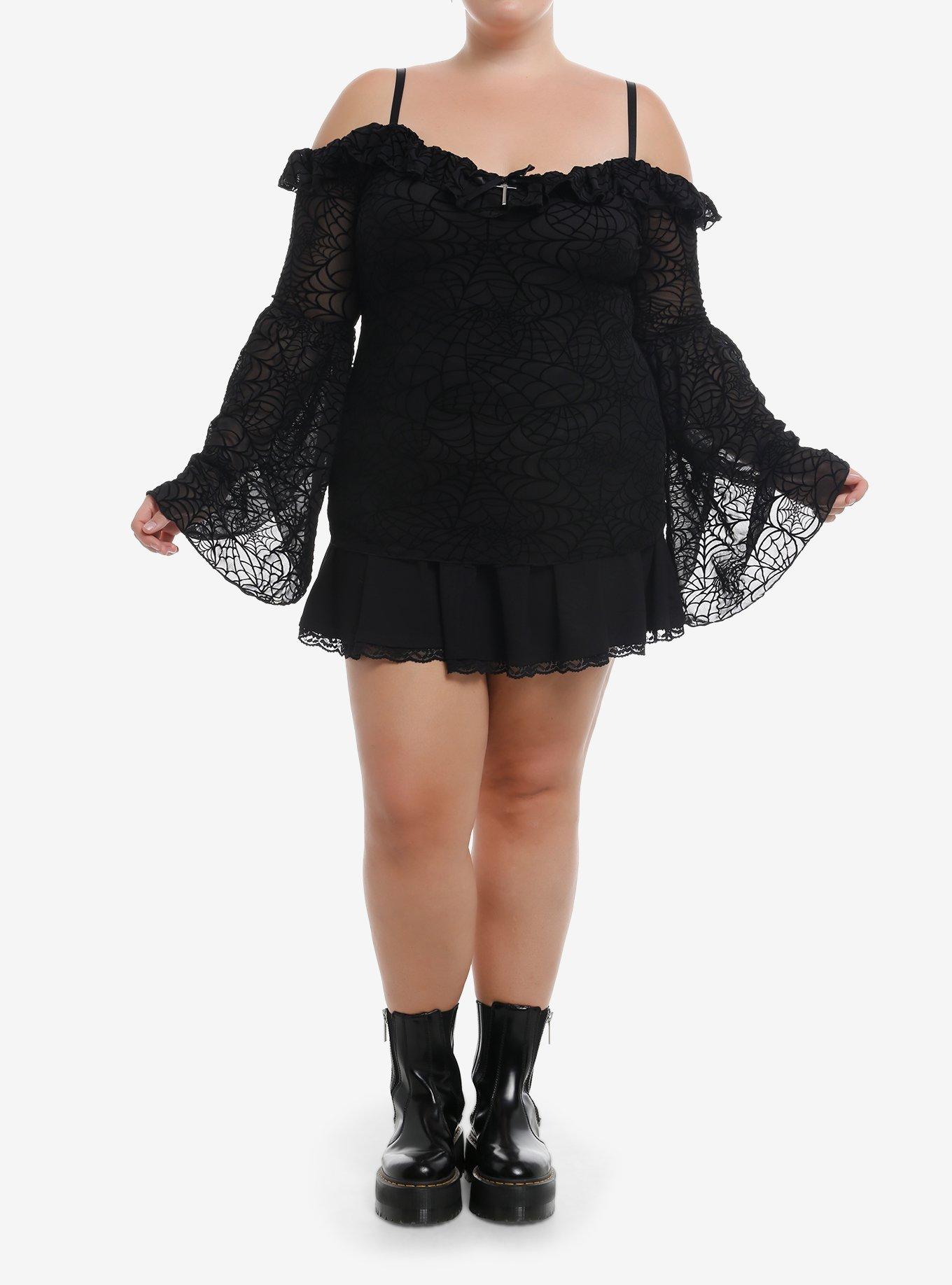 Cosmic Aura Spiderweb Cold Shoulder Girls Bell Sleeve Top Plus Size, , hi-res