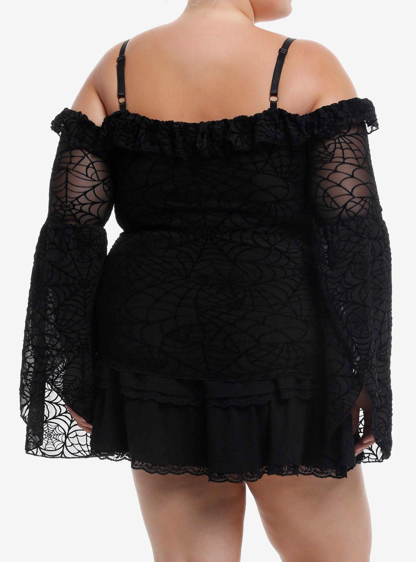 Cosmic Aura Spiderweb Cold Shoulder Girls Bell Sleeve Top Plus Size, BLACK, alternate
