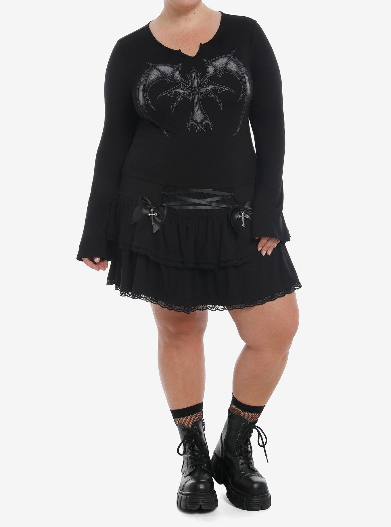 Cosmic Aura Bat Wing Cross Girls Bell Sleeve Top Plus Size, BLACK, alternate