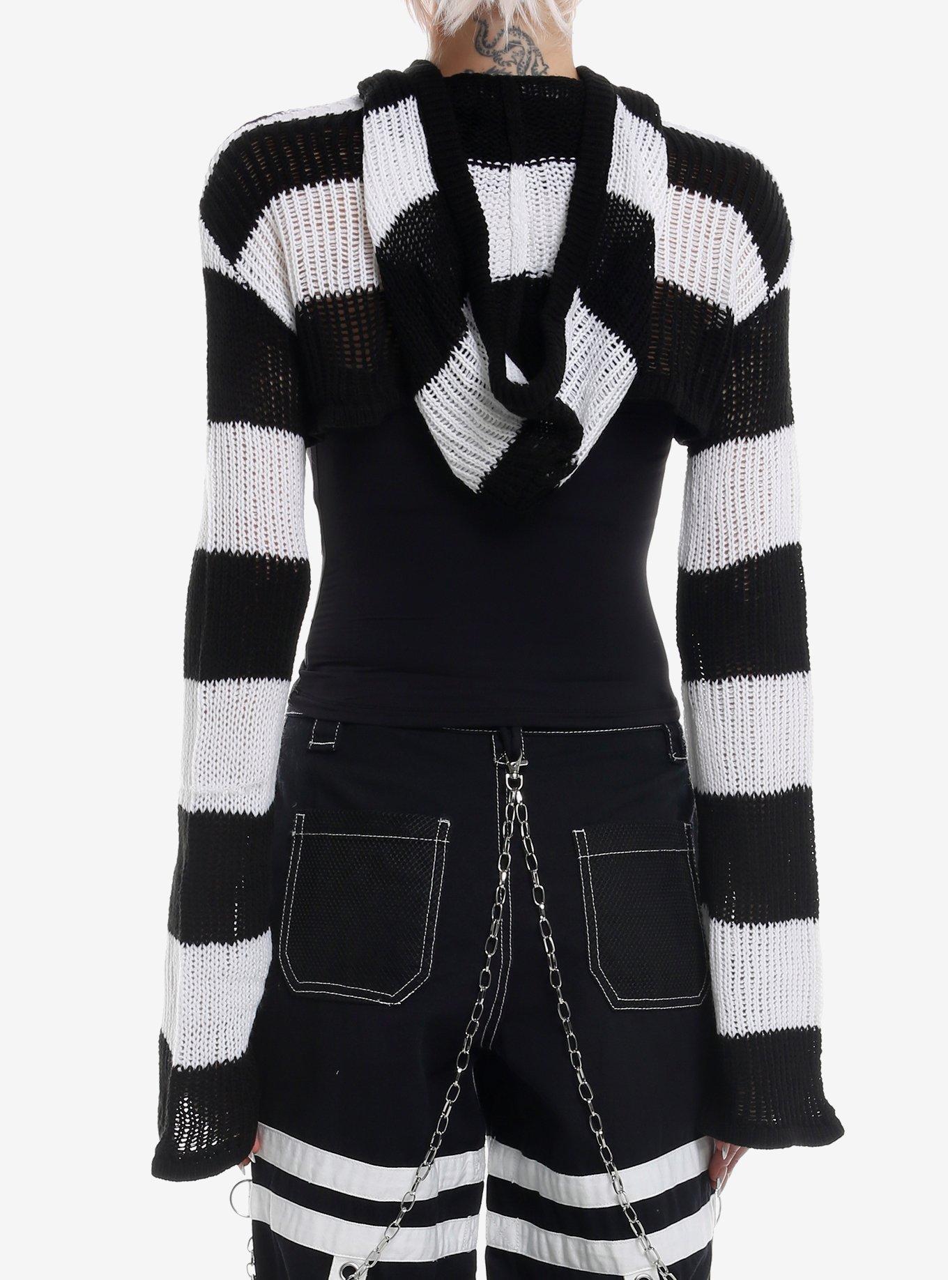 Social Collision Black & White Knit Hooded Bolero Girls Crop Shrug, , alternate