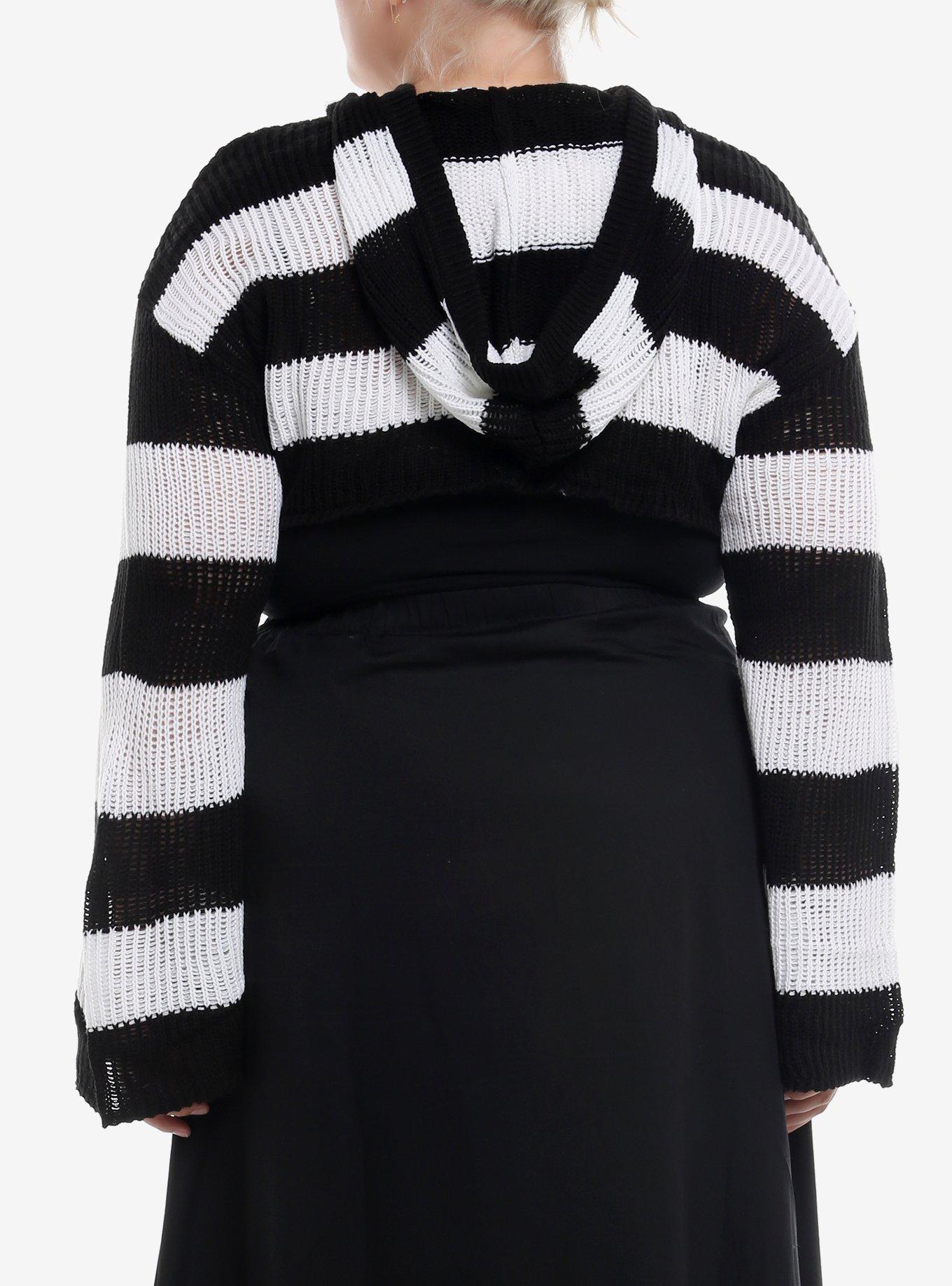 Social Collision Black & White Knit Hooded Bolero Girls Crop Shrug Plus Size, , alternate