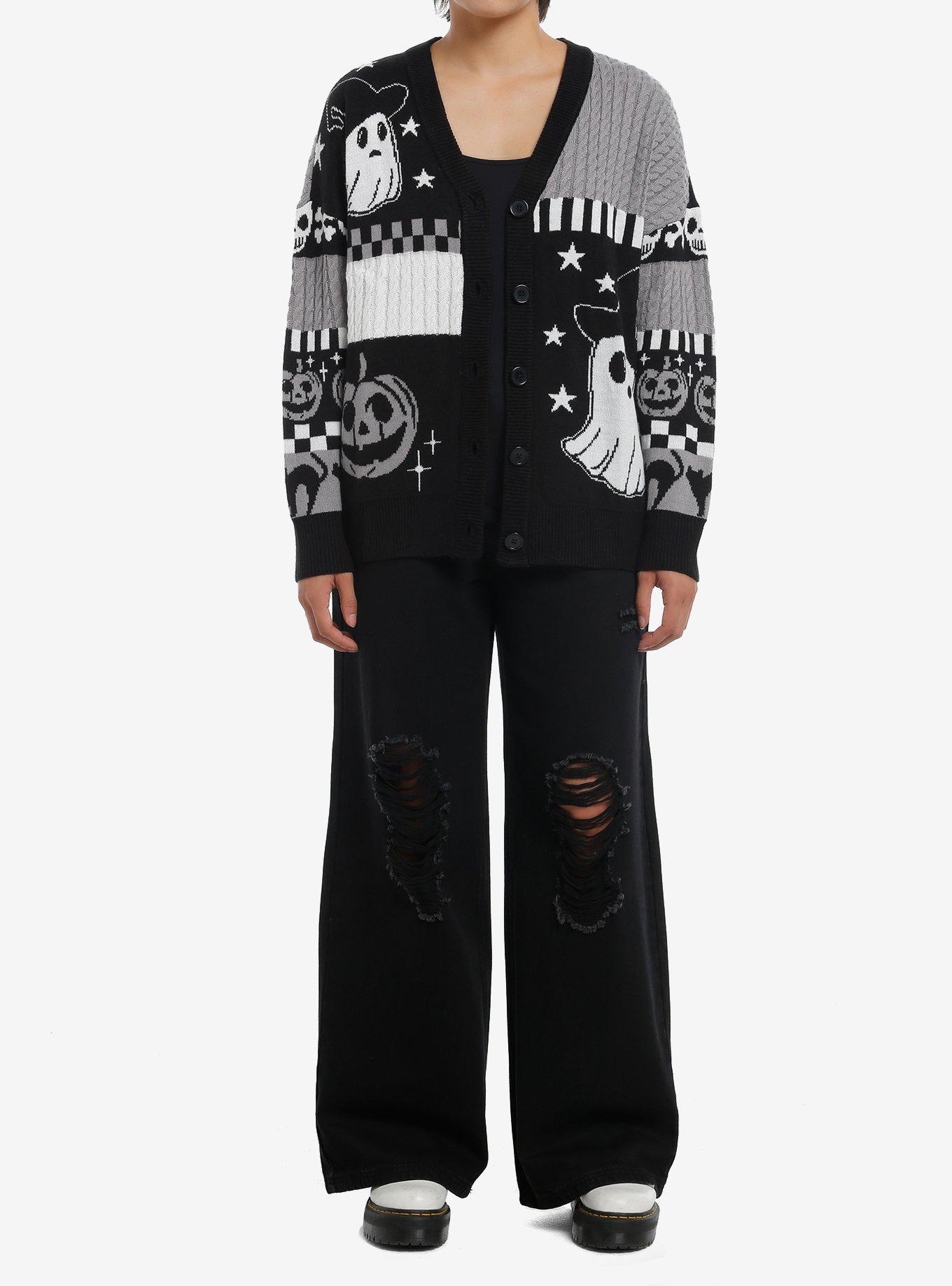 Sweet Society Black & White Ghost Patchwork Girls Cardigan, , alternate