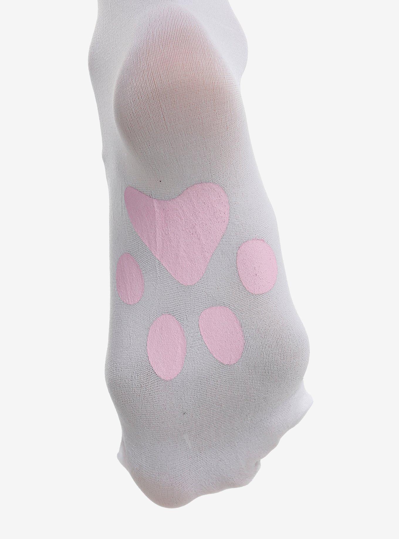 White & Pink Cat Paw Bow Thigh Highs, , hi-res