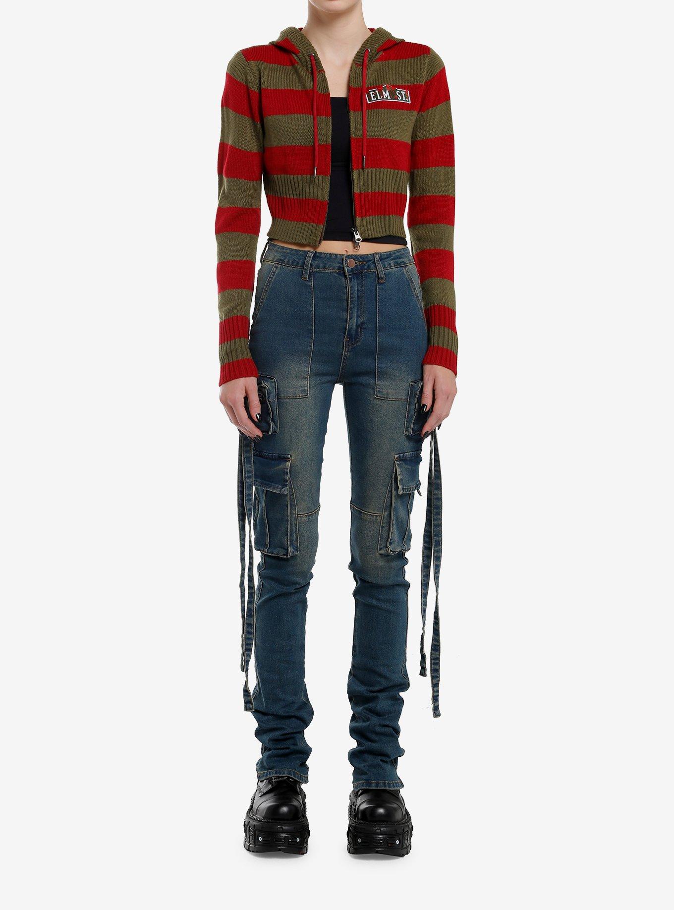 A Nightmare On Elm Street Stripe Girls Crop Knit Hoodie, MULTI, alternate