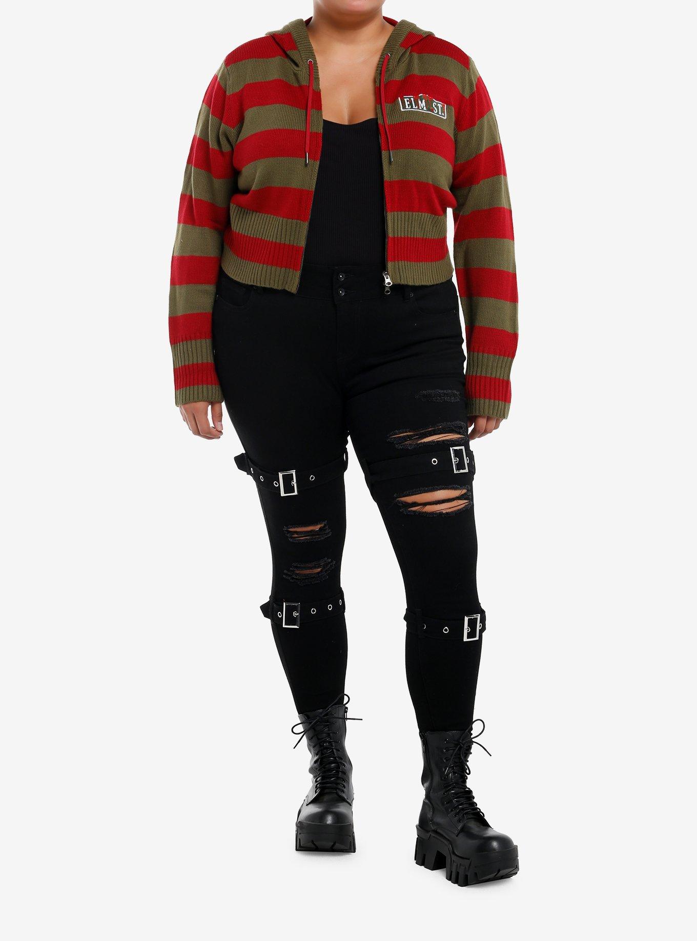 A Nightmare On Elm Street Stripe Girls Crop Knit Hoodie Plus Size, , hi-res