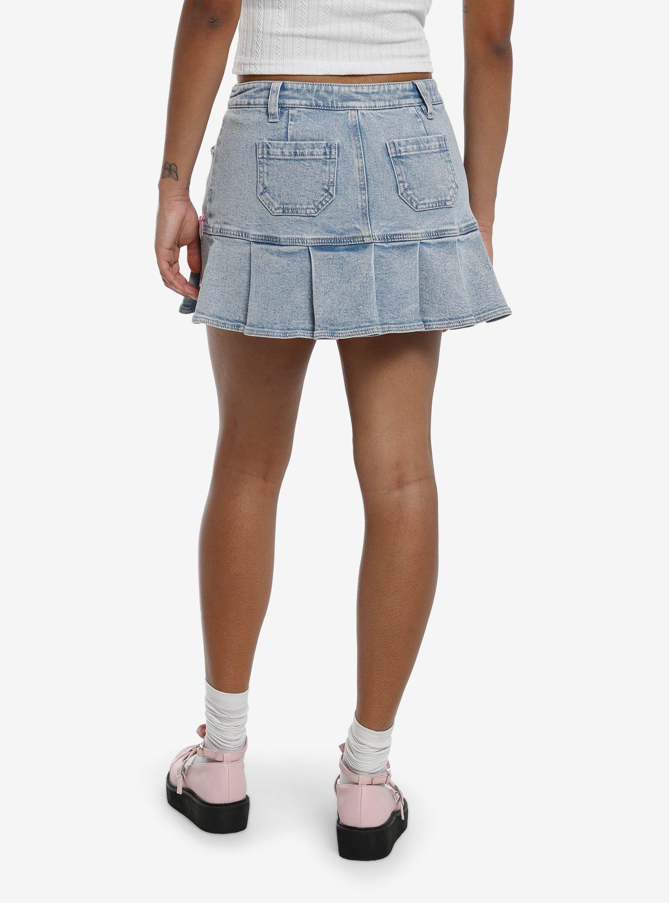 Sweet Society Light Blue Denim & Pink Bow Pleated Mini Skirt, , hi-res