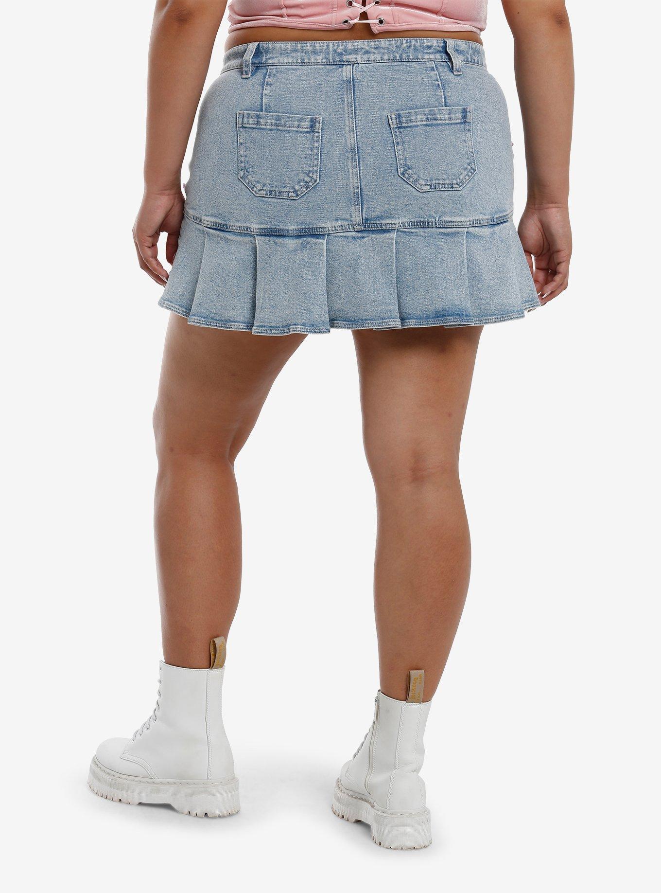 Sweet Society Light Blue Denim & Pink Bow Pleated Mini Skirt Plus Size, , hi-res