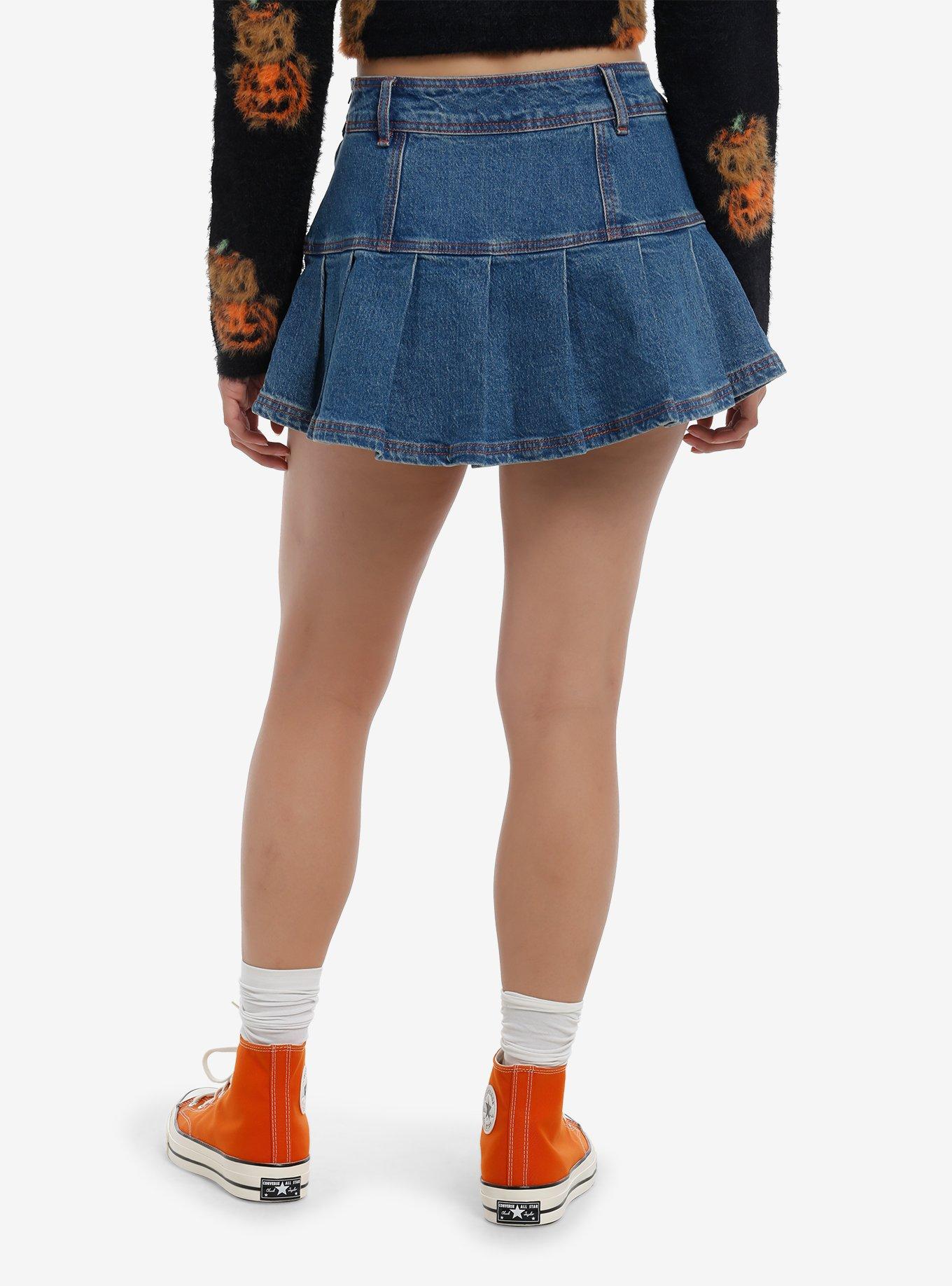 Sweet Society Jack-O'-Lantern Pleated Denim Skirt, ORANGE, alternate