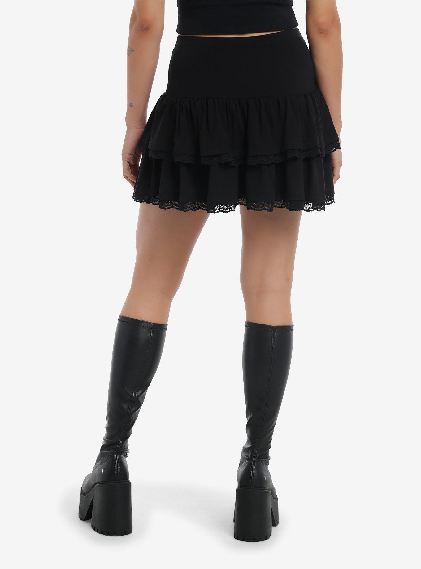 Cosmic Aura Black Lace-Up Ruffle Tiered Skirt