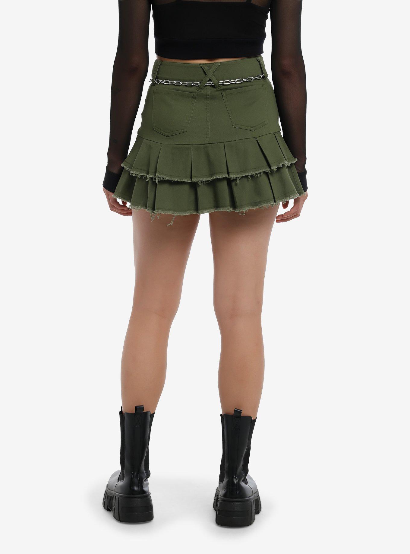 Social Collision Green Tiered Pleated Skirt With Belt, , hi-res
