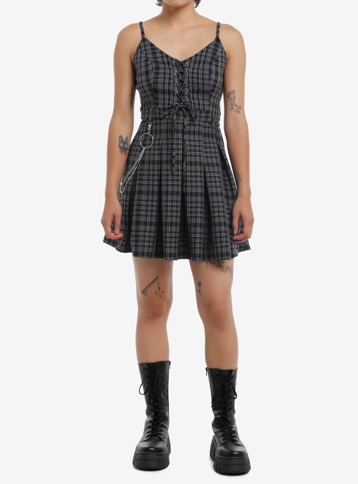 Social Collision Grey & Black Plaid Lace-Up Cami Dress