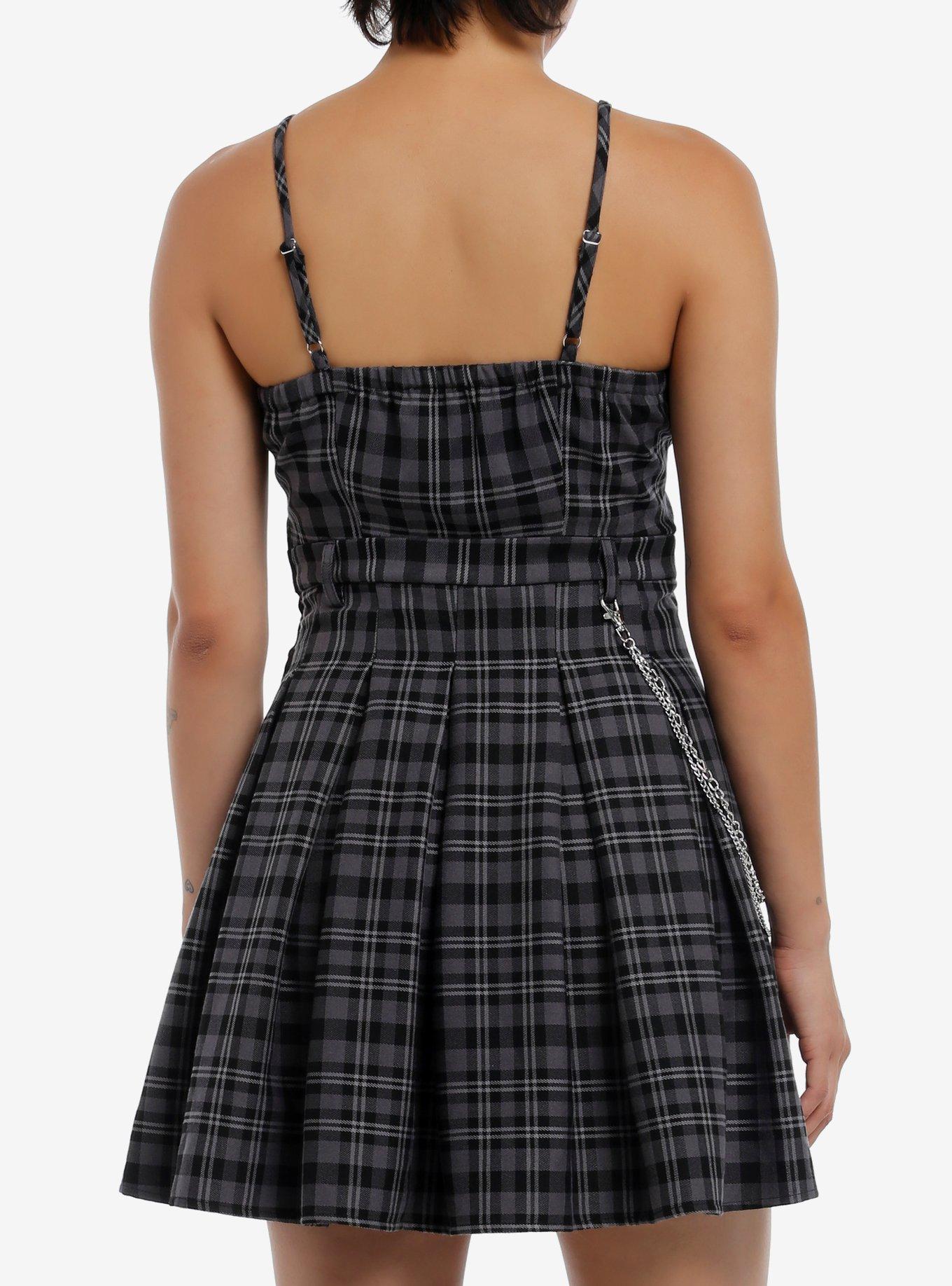 Social Collision Grey & Black Plaid Lace-Up Cami Dress