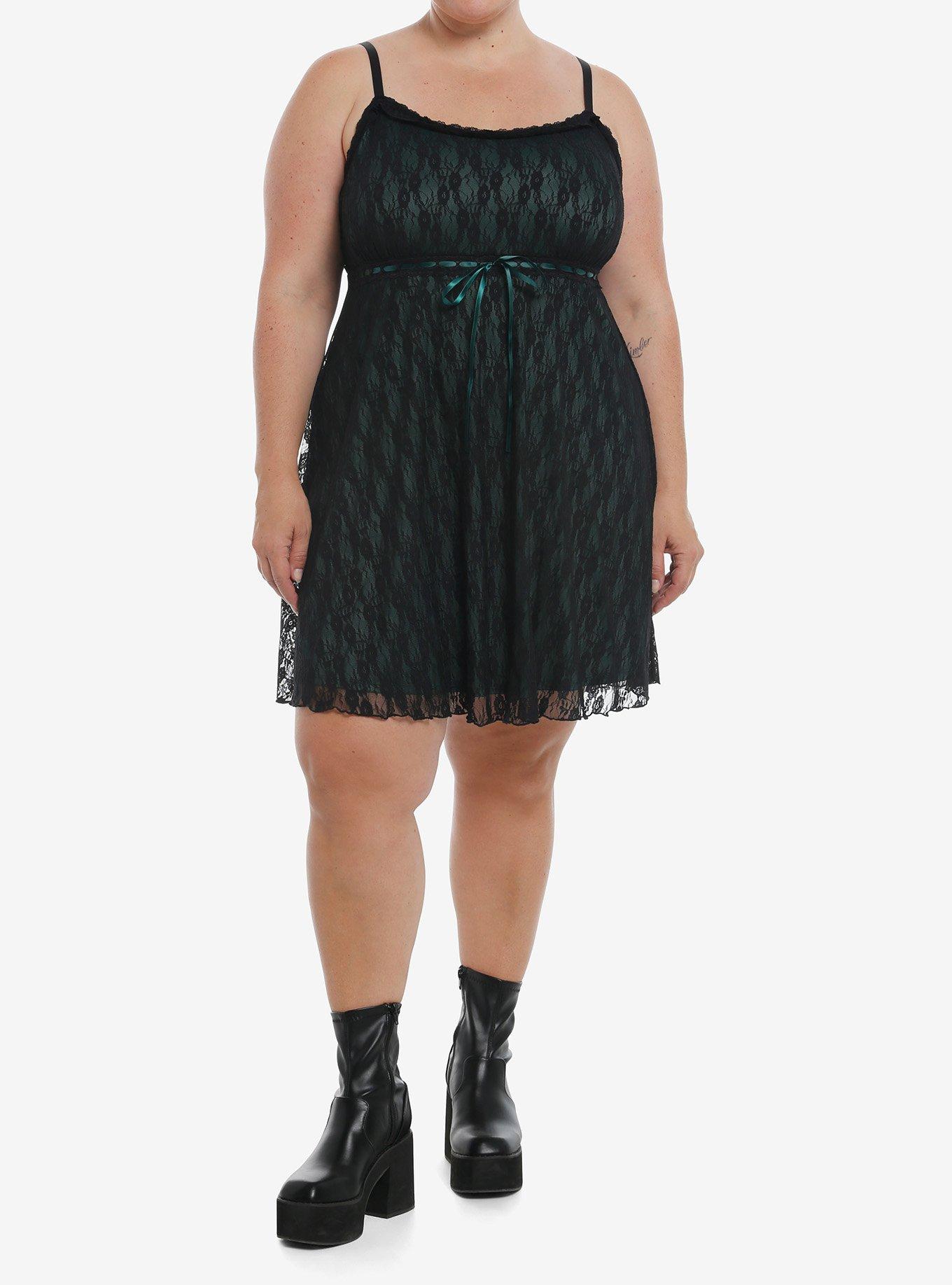 Cosmic Aura Black & Green Lace Slip Dress Plus Size, , hi-res
