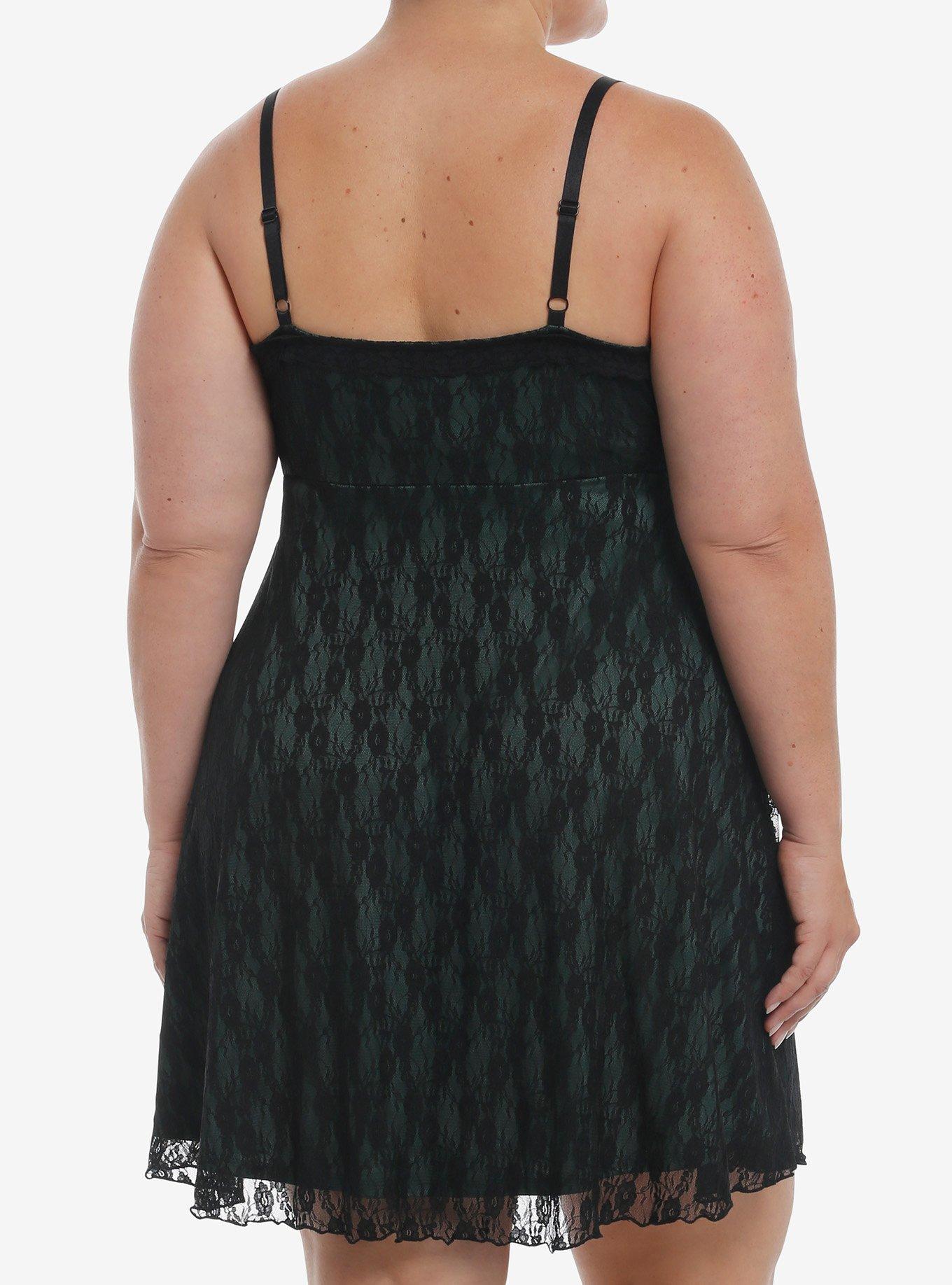 Cosmic Aura Black & Green Lace Slip Dress Plus Size, GREEN, alternate