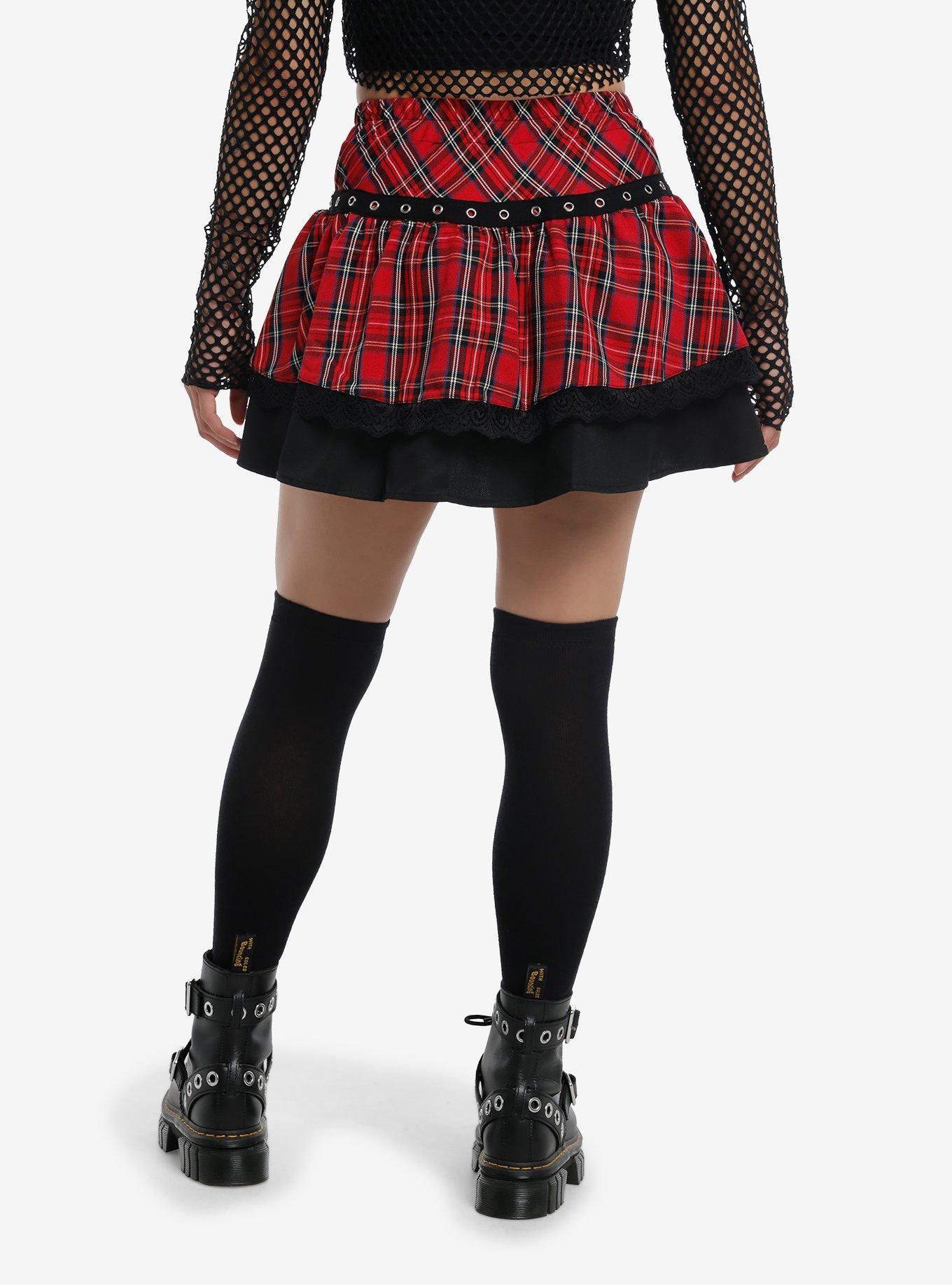 Social Collision Red Plaid Black Grommet Tiered Skirt, , hi-res