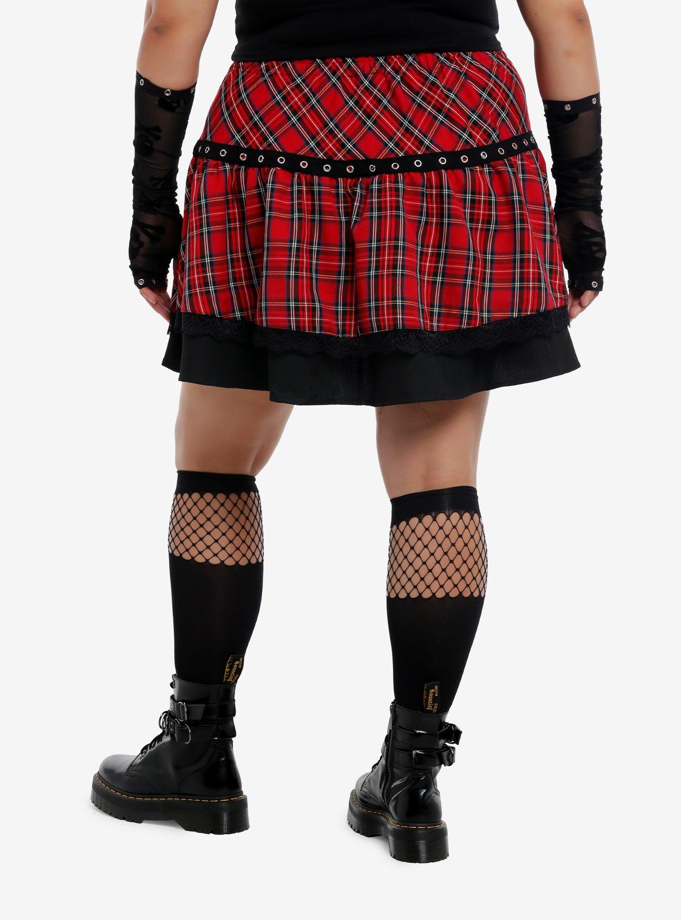 Social Collision Red Plaid Black Grommet Tiered Skirt Plus