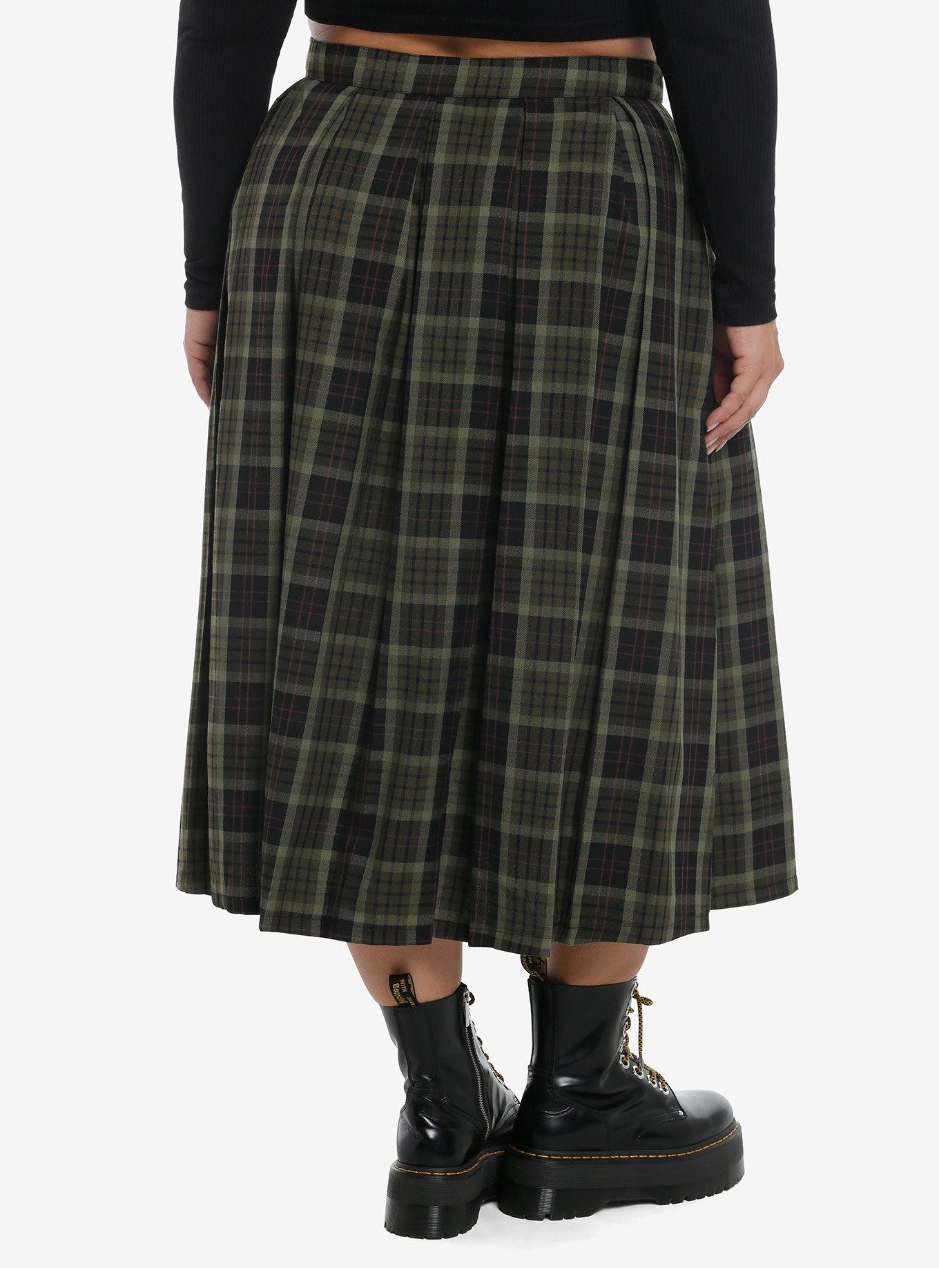 Thorn & Fable Green Plaid Midi Skirt Plus Size, , hi-res