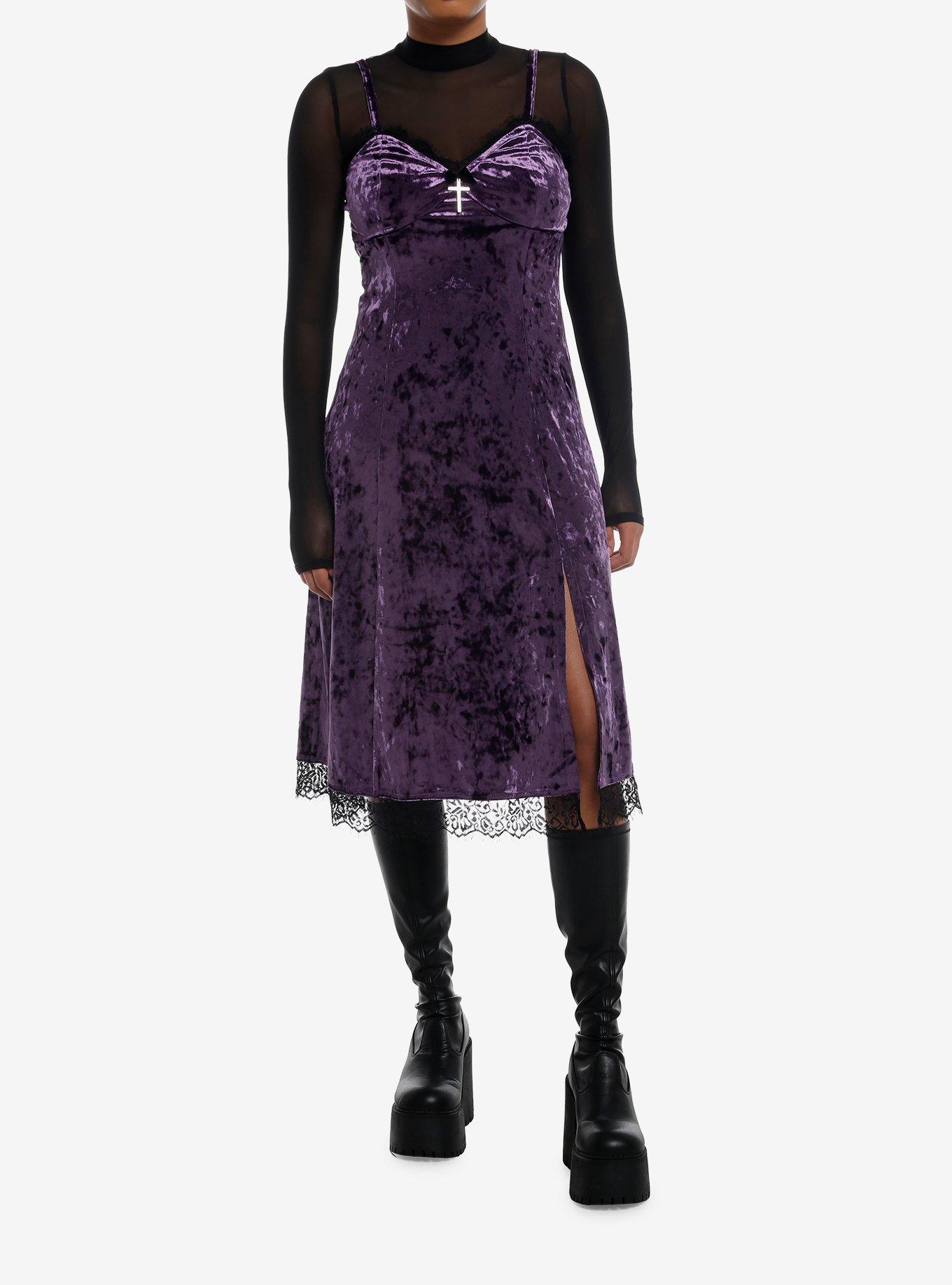 Cosmic Aura Purple Velvet Mesh Long-Sleeve Twofer Dress, , hi-res