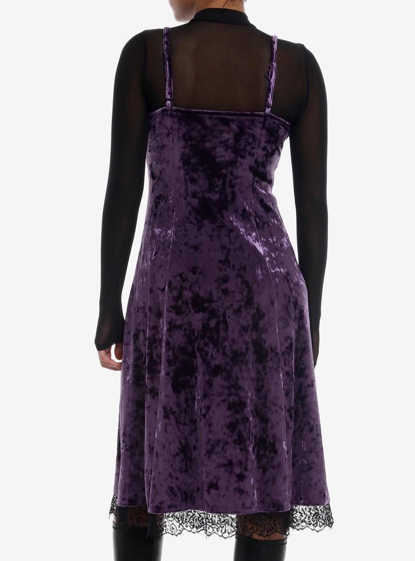 Cosmic Aura Purple Velvet Mesh Long-Sleeve Twofer Dress, BLACK, alternate