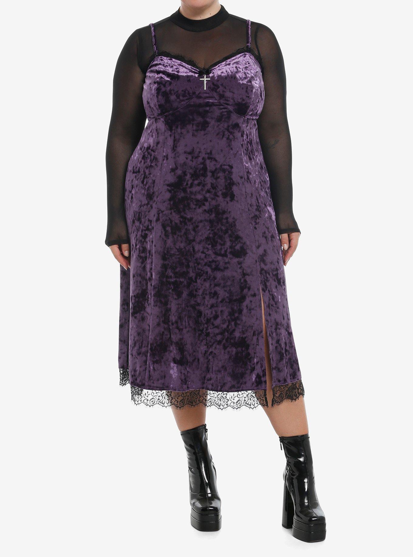 Cosmic Aura Purple Velvet Mesh Long-Sleeve Twofer Dress Plus Size, , hi-res