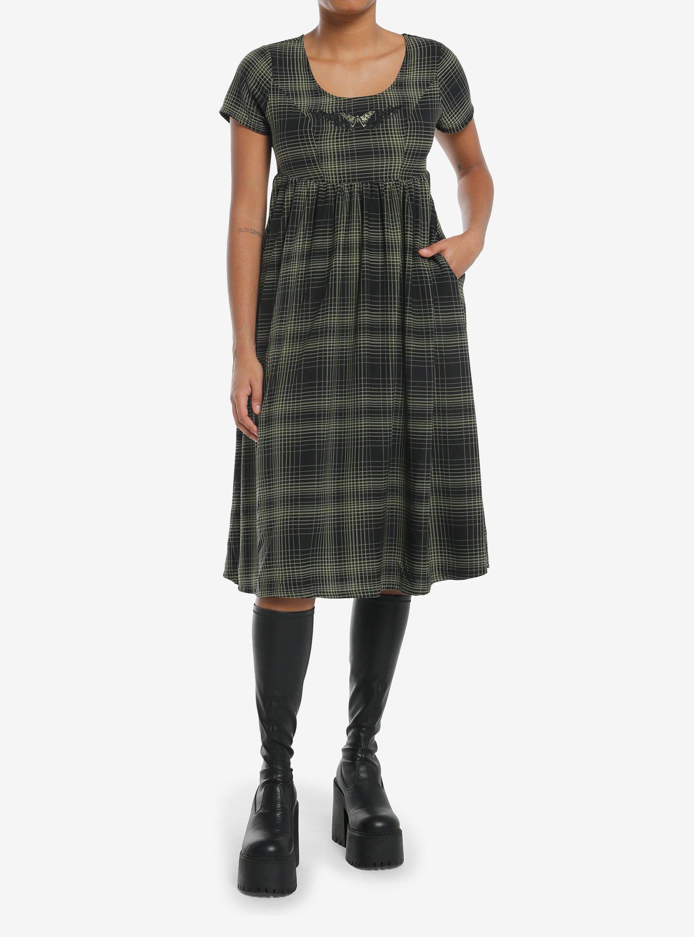 Social Collision Green Plaid Moth Midi Babydoll Dress, , hi-res